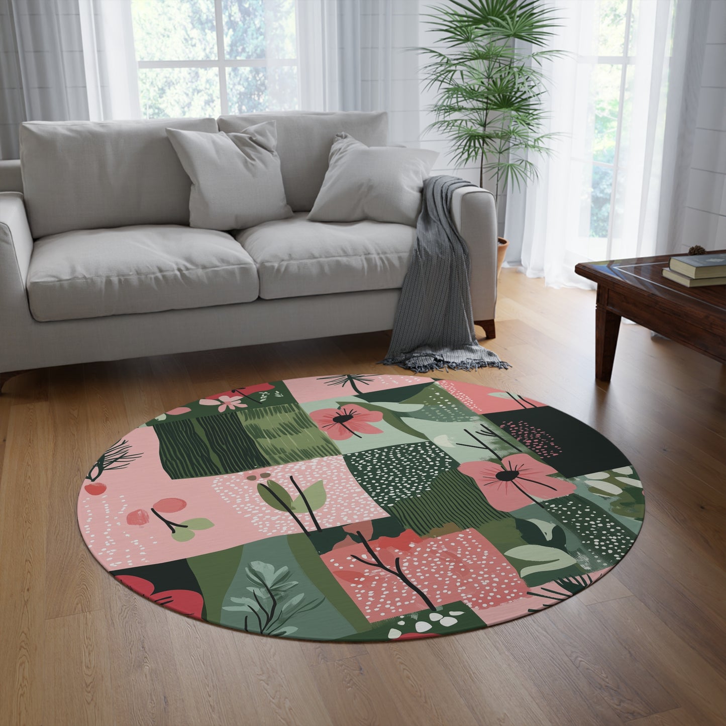 Botanical Patchwork Round Area Rug, Funky, Colorful Cool Unique Area Rugs, Unique 60" Round Rug, Custom Print Available