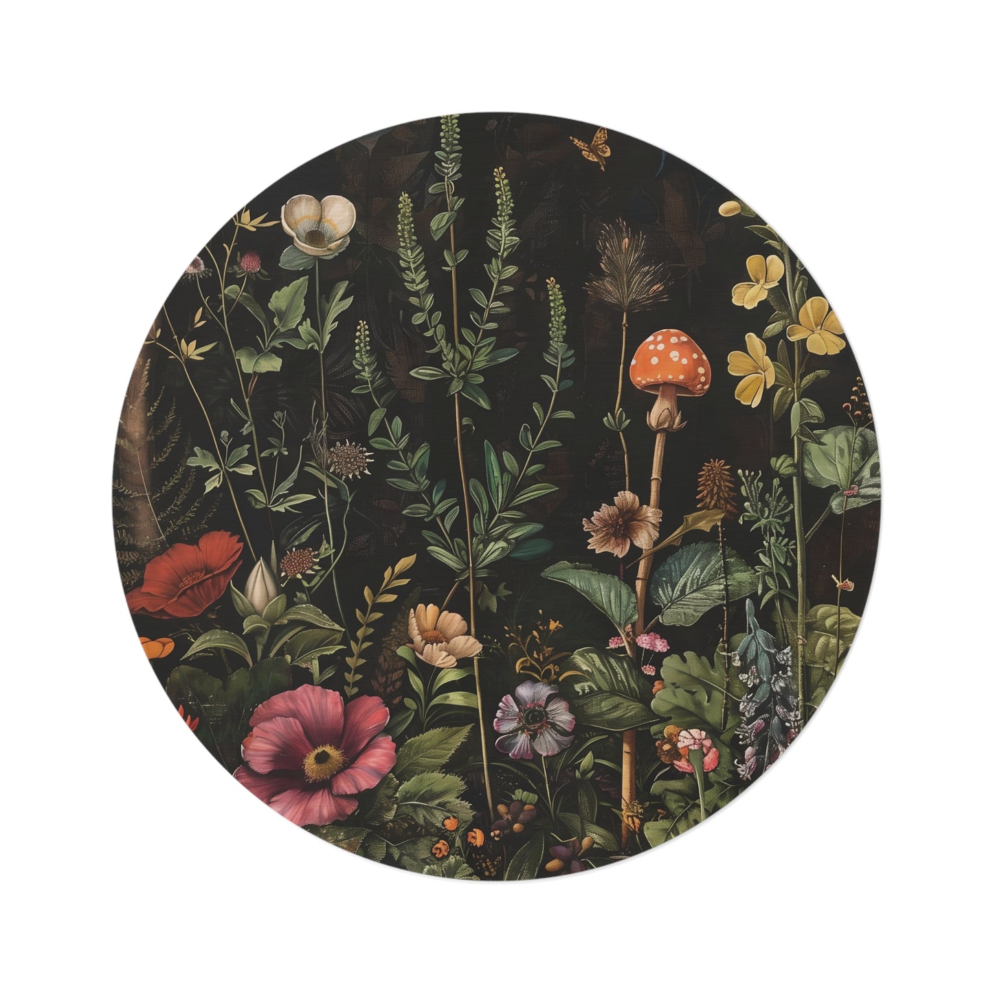 Woodland Floral Botanical Round Area Rug, Funky, Colorful Cool Unique Area Rugs, Unique 60" Round Rug, Custom Print Available