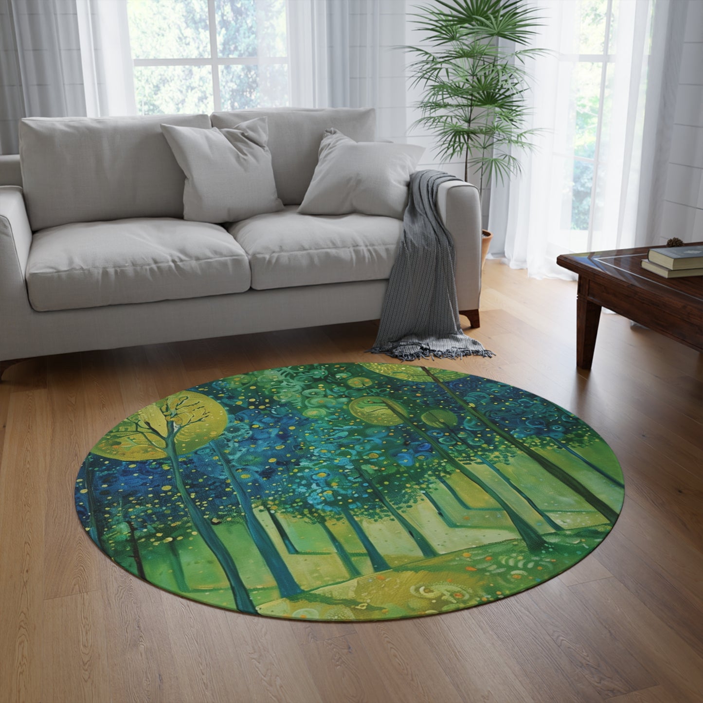 Woodland Floral Botanical Round Area Rug, Funky, Colorful Cool Unique Area Rugs, Unique 60" Round Rug, Custom Print Available