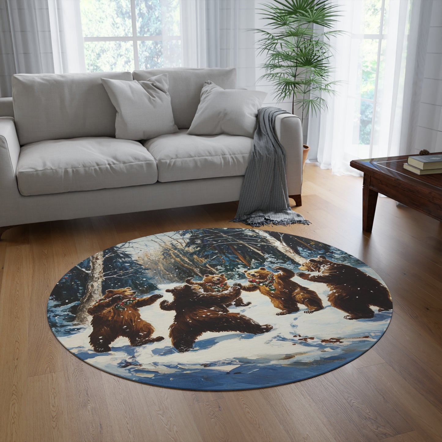 Round Dancing Bears Area Rug, Funky, Colorful & Unique Area Rugs, Unique 60" Round Rug, Woodland Animal Forest Rug, Woodland Nursery Rug