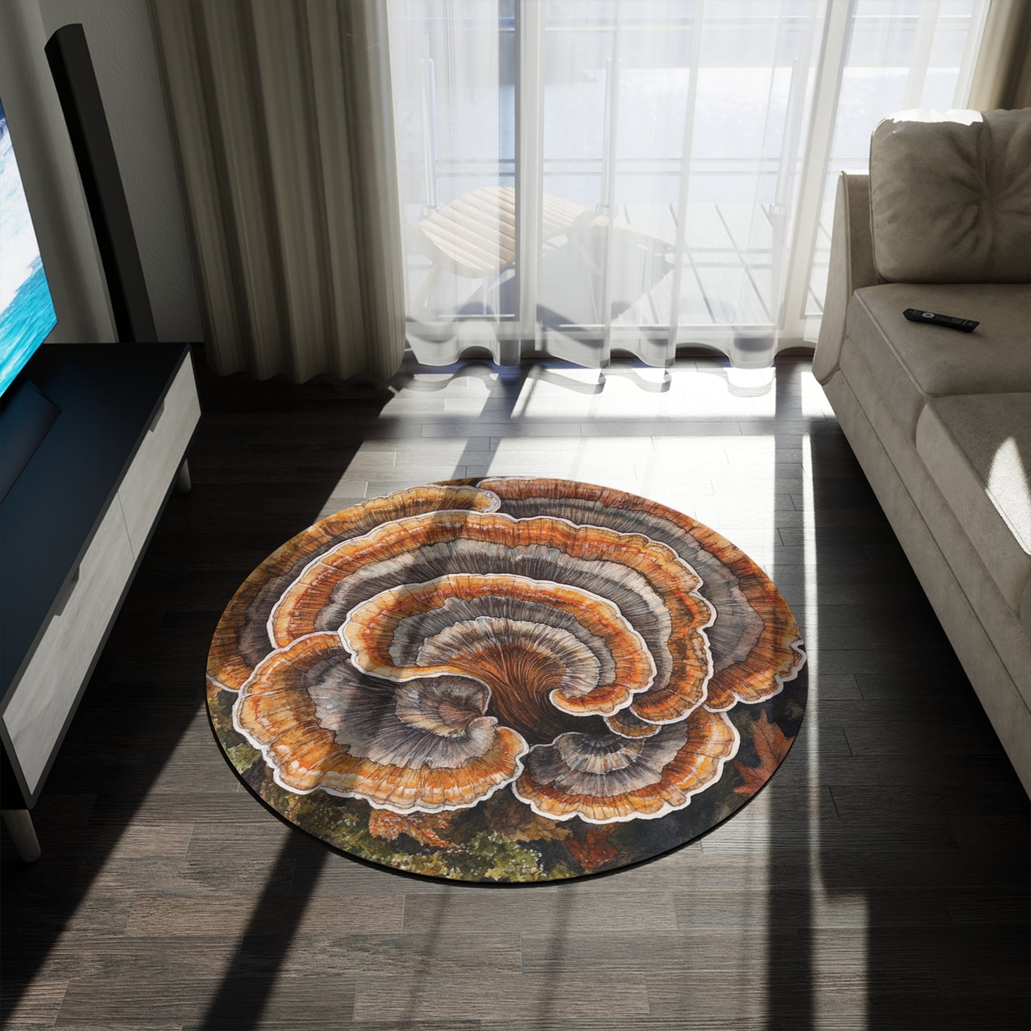 Round Turkey Tail Mushroom Area Rug, Funky & Unique Fairycore Area Rugs, Unique 60" Round Rug, Custom Print Available