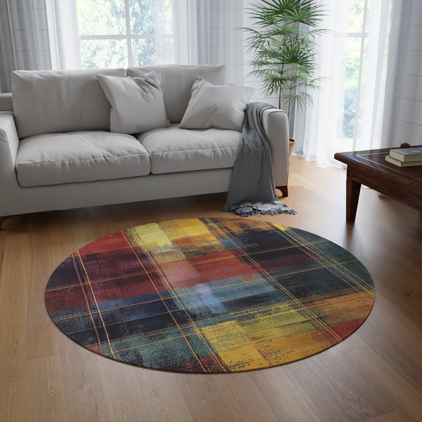 Checkered Plaid Round Area Rug, Funky, Colorful Cool Unique Area Rugs, Unique 60" Round Rug, Custom Print Available