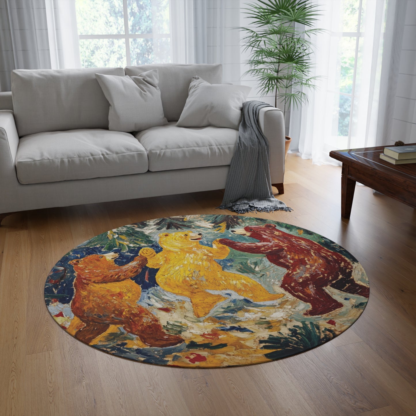 Round Dancing Bears Area Rug, Funky, Colorful & Unique Area Rugs, Unique 60" Round Rug, Woodland Animal Forest Rug, Woodland Nursery Rug