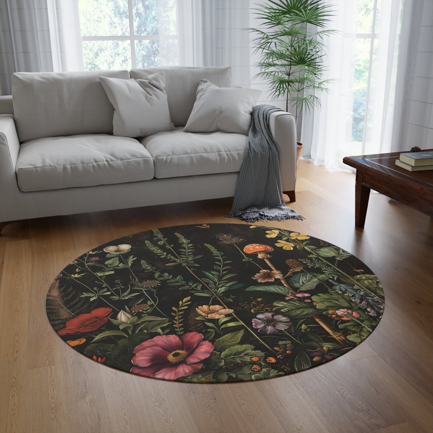 Woodland Floral Botanical Round Area Rug, Funky, Colorful Cool Unique Area Rugs, Unique 60" Round Rug, Custom Print Available