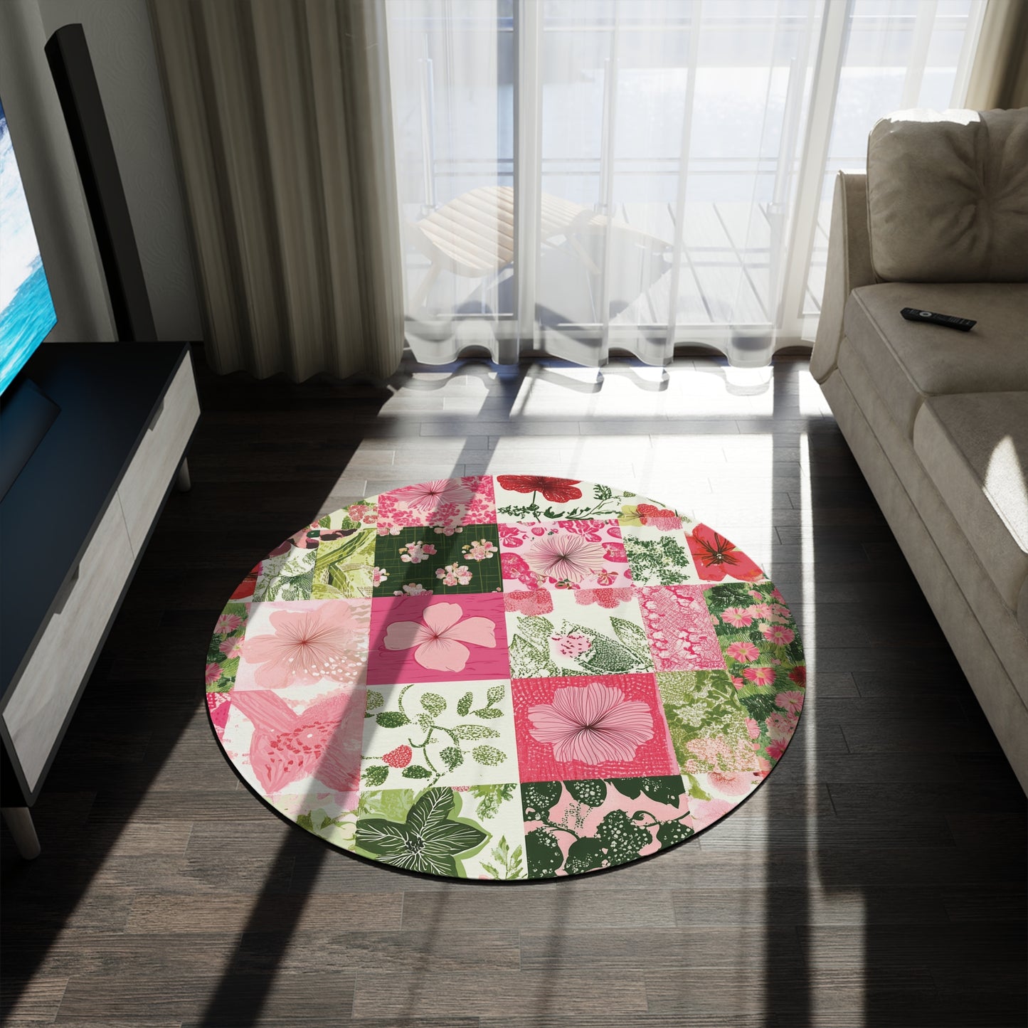 Botanical Patchwork Round Area Rug, Funky, Colorful Cool Unique Area Rugs, Unique 60" Round Rug, Custom Print Available
