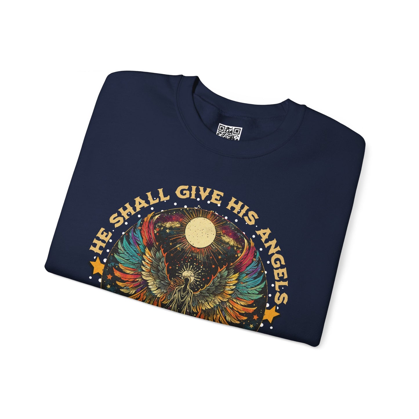 He Shall Give His Angels Charge Over You Unisex Heavy Blend Crewneck Sweatshirt, Christian Merch, Christian Streetwear, Ministry Shirt, Faith Based Shirt, Jesus Apparel