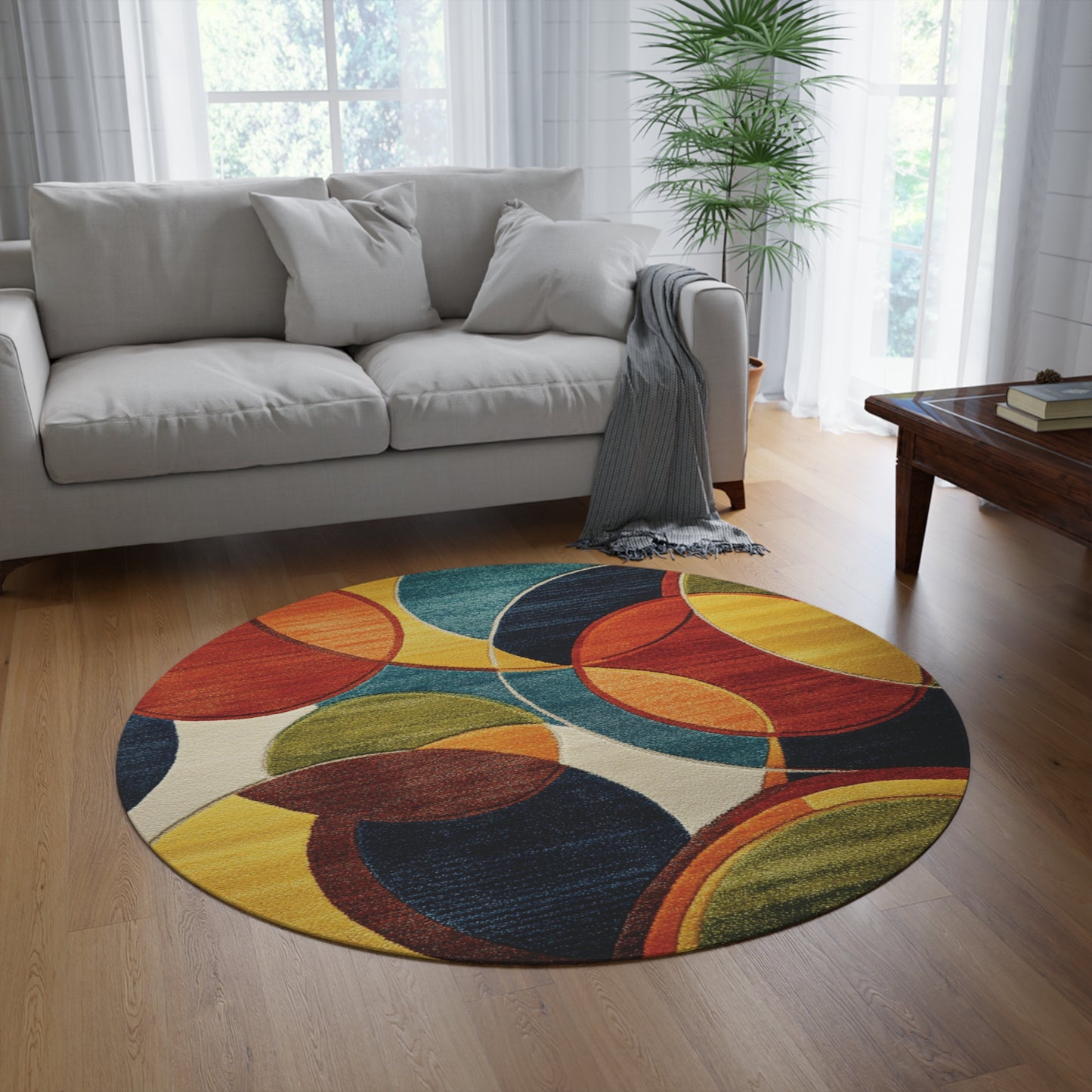 Retro Round Area Rug, Funky, Colorful Cool Unique Area Rugs, Unique 60" Round Rug, Custom Print Available