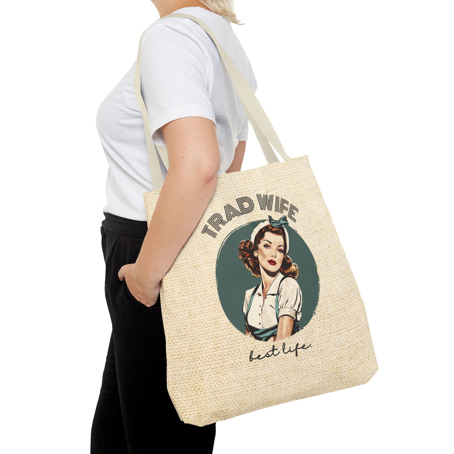 Trad Wife Tote Bag (AOP), Wifey Travel Bag, Wifely Gift, Vintage Housewife Overnight Bag, Trad Wife Accessories, Getaway Bag, Bible Bag, Book Bag, Beach Bag