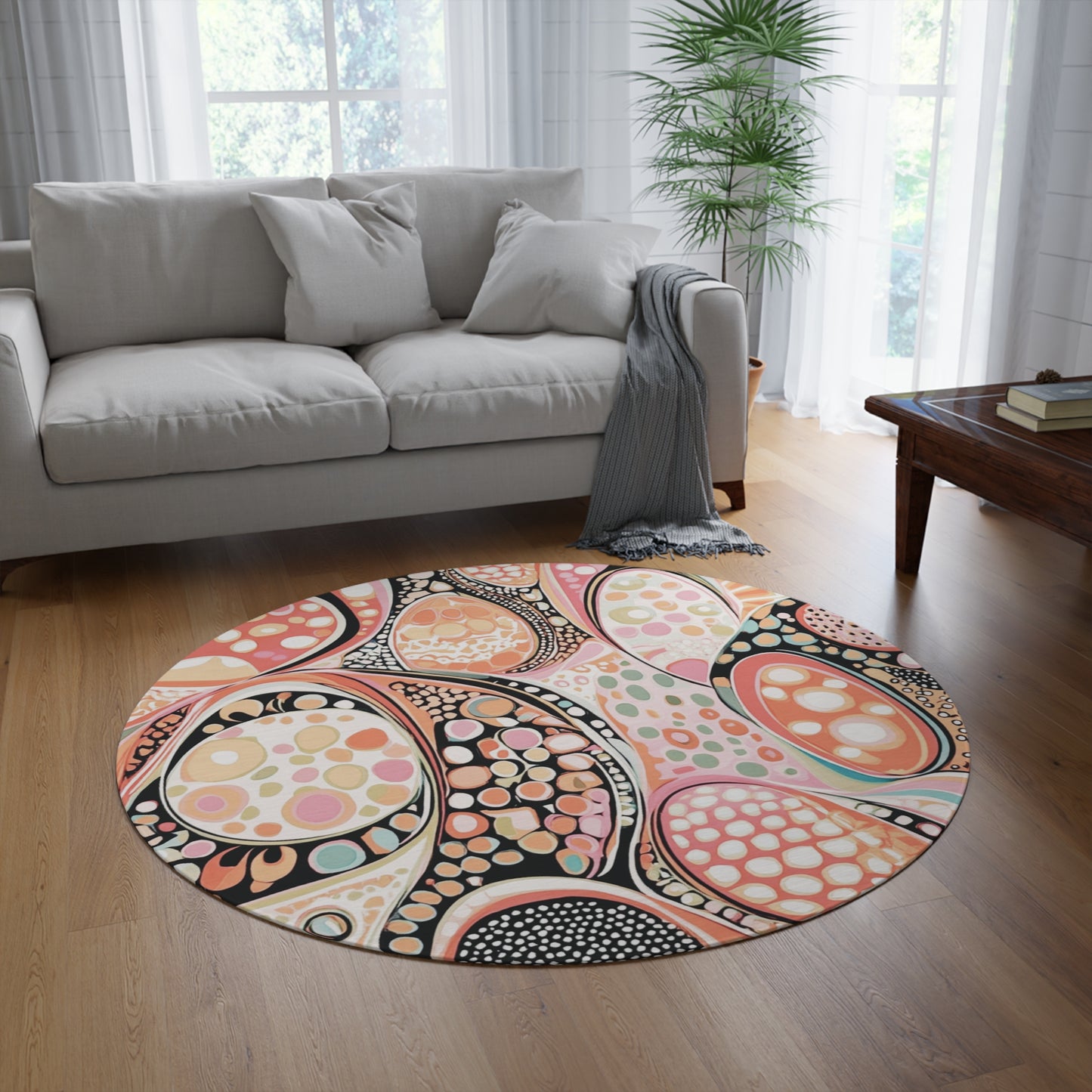 Retro Round Area Rug, Funky, Colorful Cool Unique Area Rugs, Unique 60" Round Rug, Custom Print Available