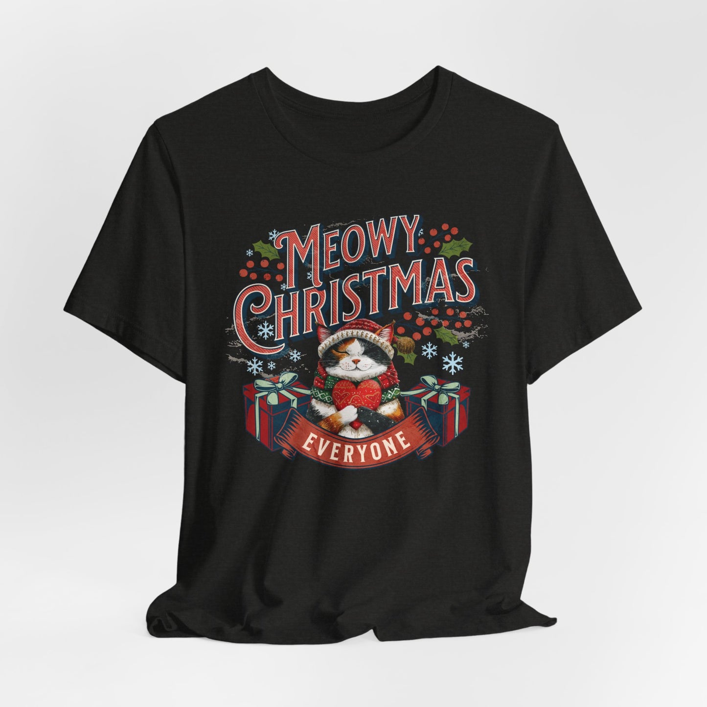 Meowy Christmas Cat Unisex Jersey Short Sleeve Tee, Cat Themed Gifts, Funny Cat Shirt, Calico Cat T-Shirt, Cat Mom Tee, Calico Cat Gifts
