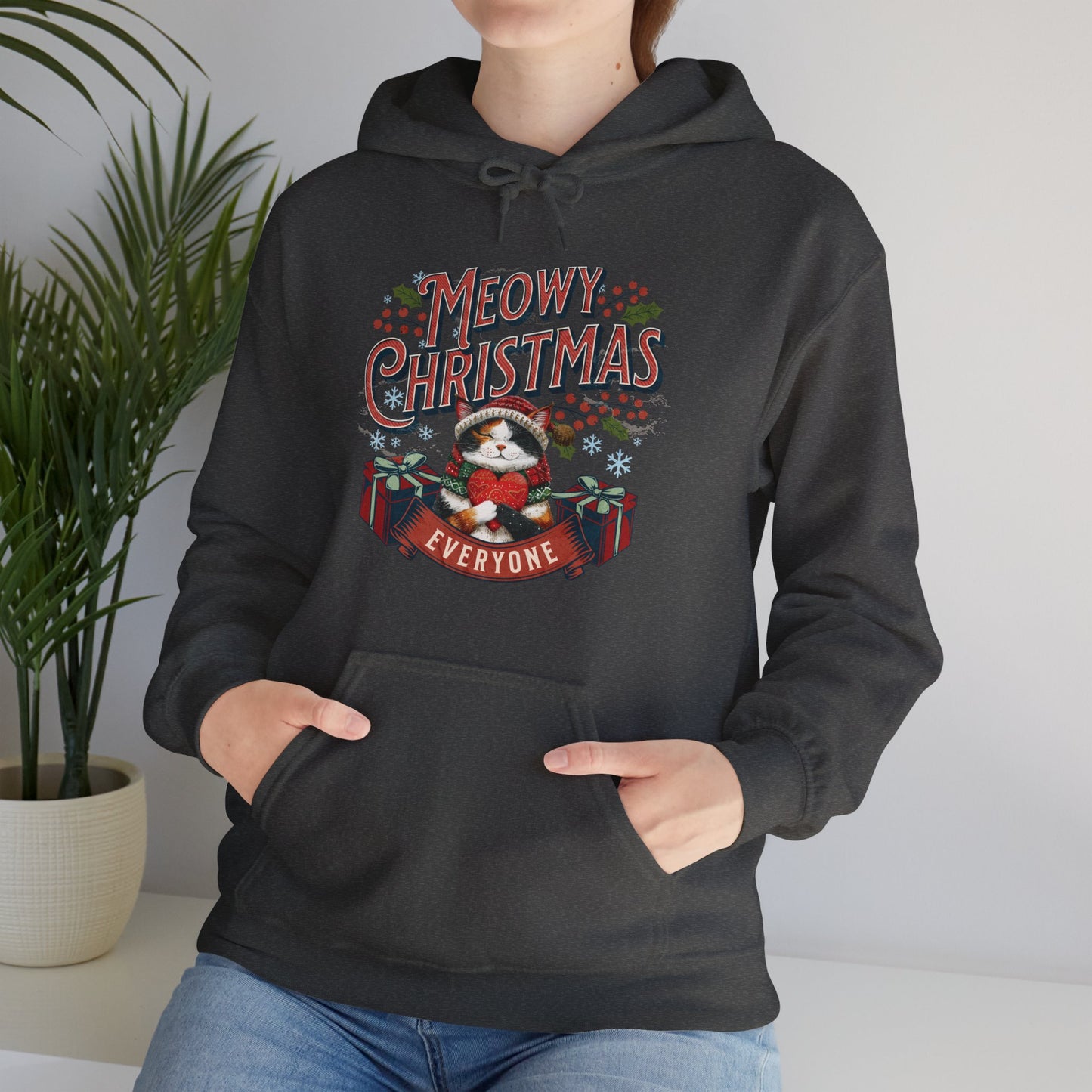 Meowy Christmas Cat Hoodie, Unisex Heavy Blend, Cat Themed Gifts, Funny Cat Shirt, Calico Cat Sweater, Cat Mom Sweatshirt
