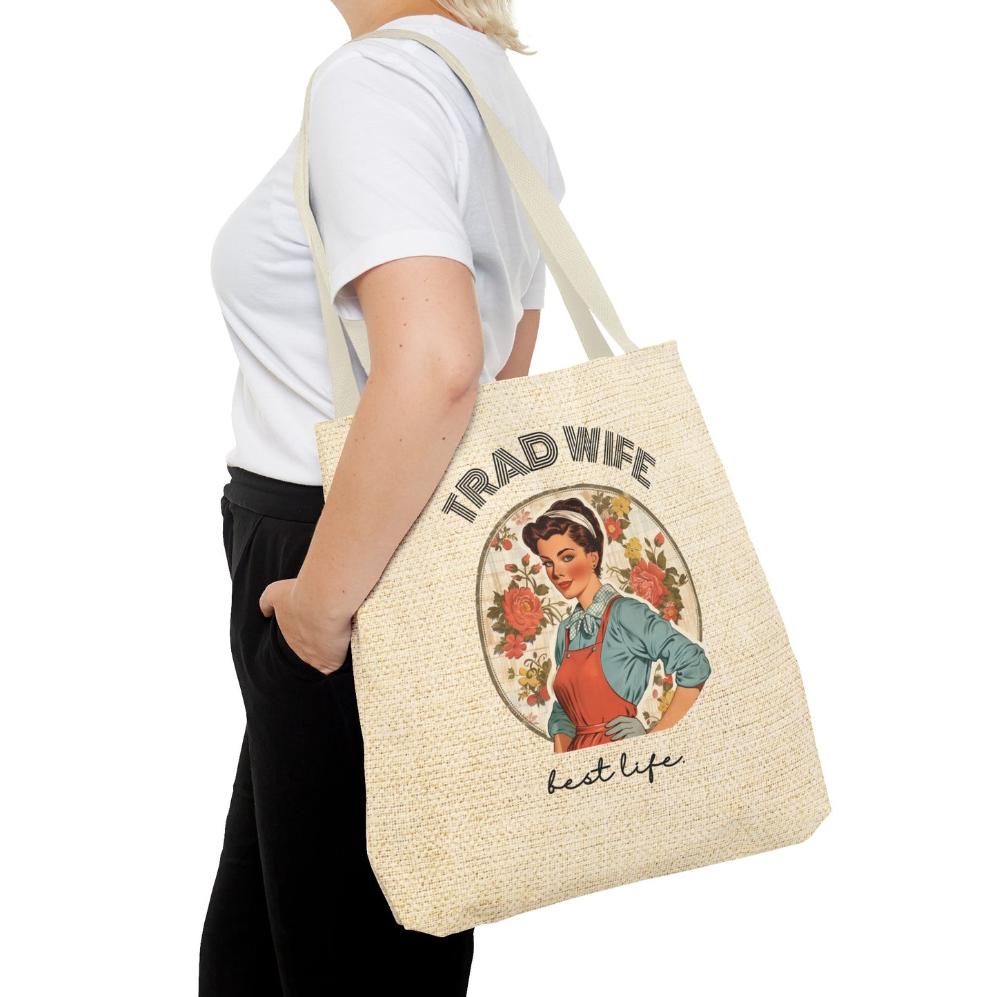 Trad Wife Tote Bag (AOP), Wifey Travel Bag, Wifely Gift, Vintage Housewife Overnight Bag, Trad Wife Accessories, Getaway Bag, Bible Bag, Book Bag, Beach Bag