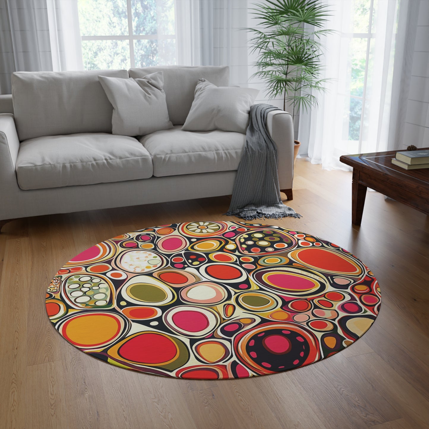 Retro Round Area Rug, Funky, Colorful Cool Unique Area Rugs, Unique 60" Round Rug, Custom Print Available