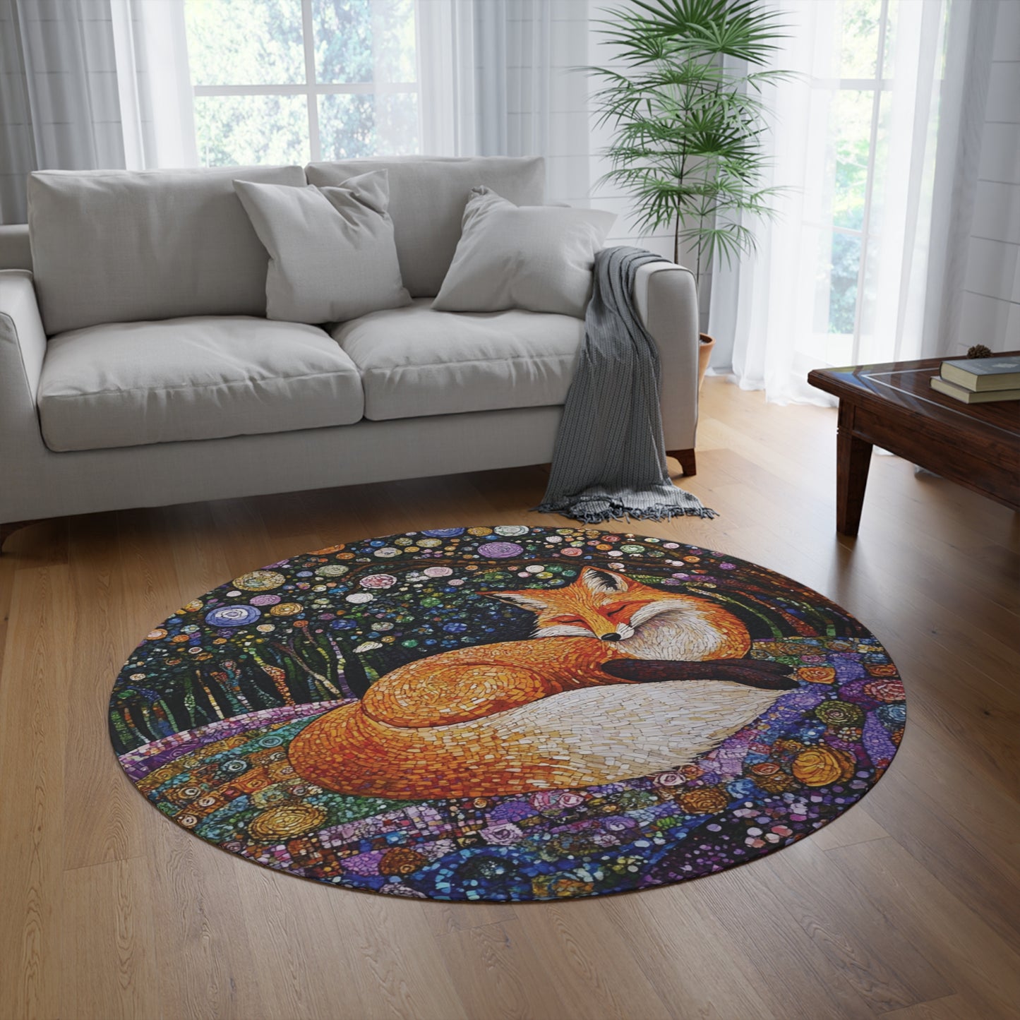 Gustav Klimt Inspired Round Fox Area Rug, Funky, Colorful & Unique Area Rugs, Unique 60" Round Rug, Woodland Animal Forest Rug