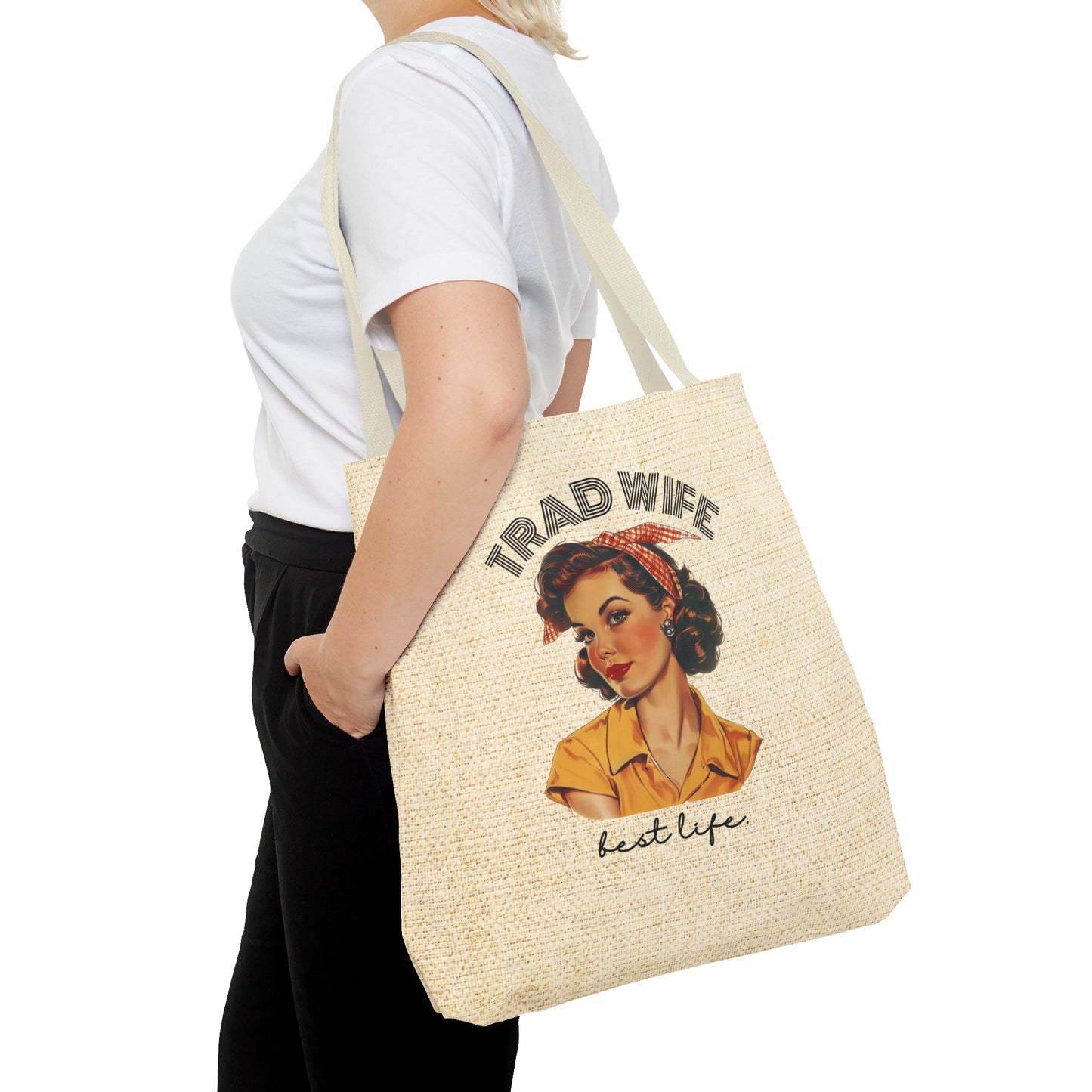 Trad Wife Tote Bag (AOP), Wifey Travel Bag, Wifely Gift, Vintage Housewife Overnight Bag, Trad Wife Accessories, Getaway Bag, Bible Bag, Book Bag, Beach Bag