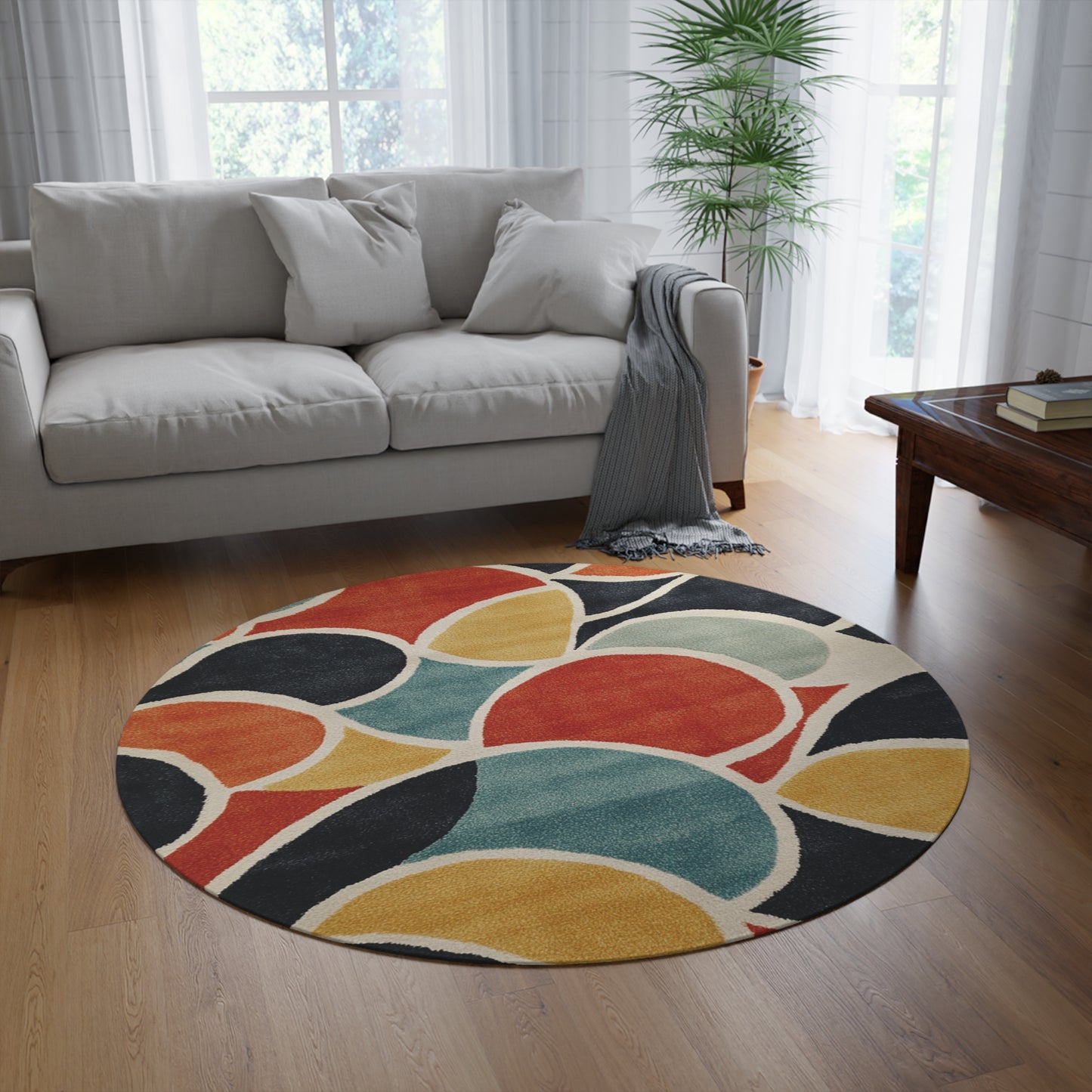 Retro Round Area Rug, Funky, Colorful Cool Unique Area Rugs, Unique 60" Round Rug, Custom Print Available