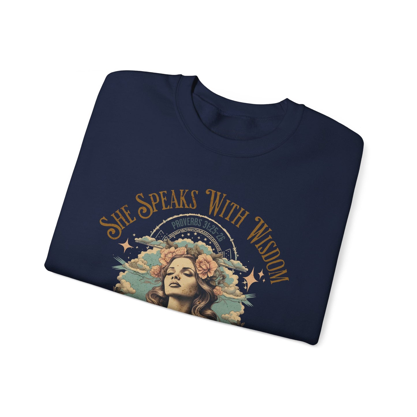 She Speaks with Wisdom Sweatshirt, Unisex Heavy Blend Crewneck, Jesus is the Reason, Jesus is King, Christian Merch, Glory to God