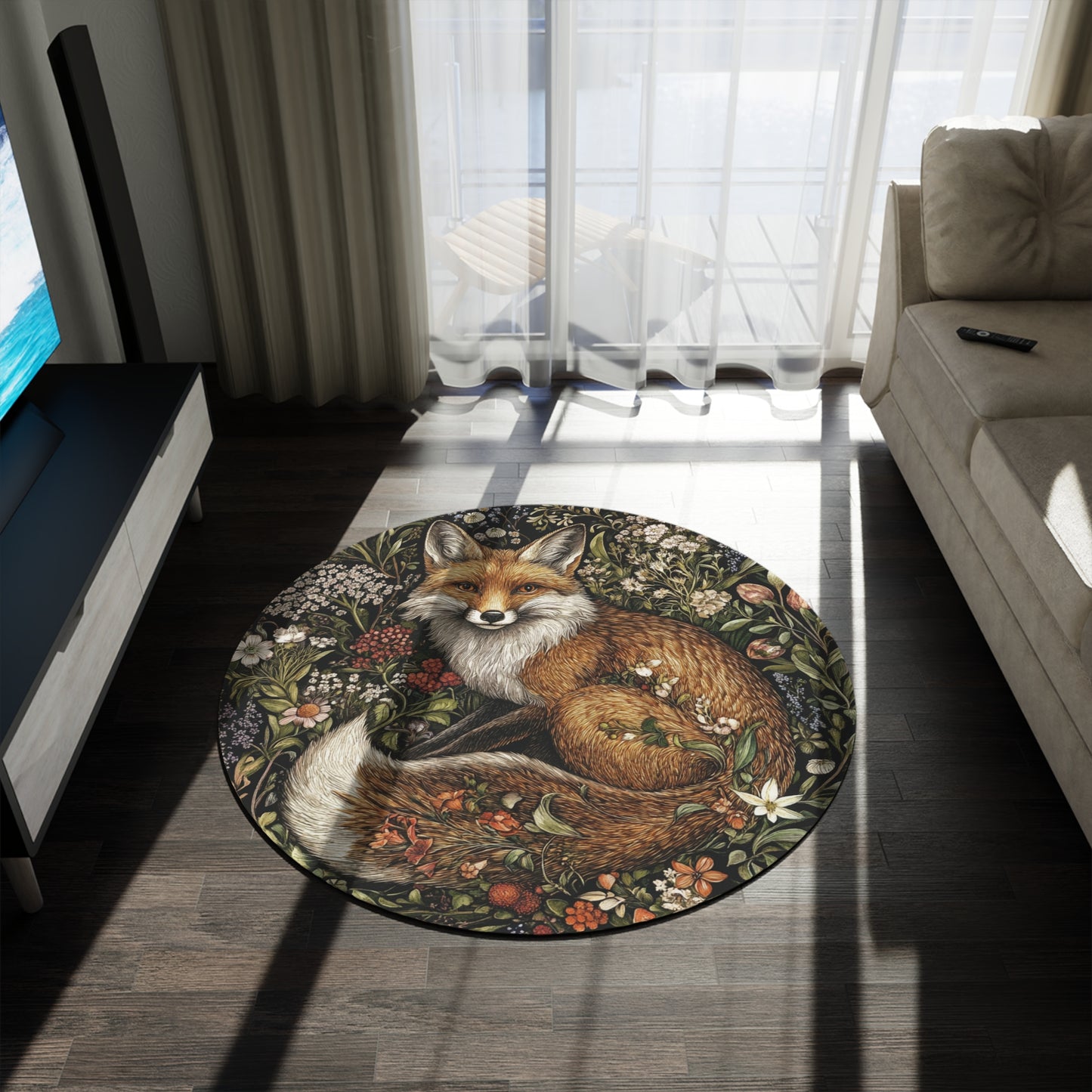 William Morris Inspired Round Fox Area Rug, Funky, Colorful & Unique Area Rugs, Unique 60" Round Rug, Woodland Animal Forest Rug