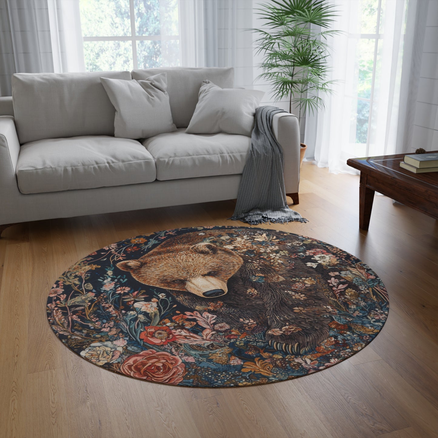 Gustav Klimt Inspired Round Bear Area Rug, Funky, Colorful & Unique Area Rugs, Unique 60" Round Rug, Woodland Animal Forest Rug