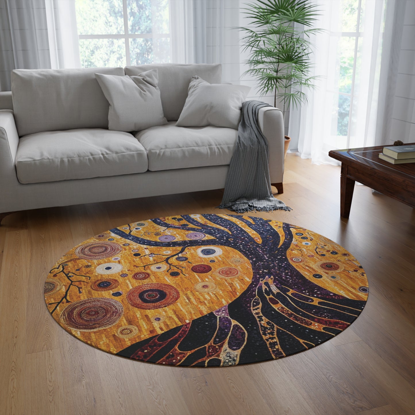 Gustav Klimt Inspired Round Area Rug, Funky, Colorful & Unique Area Rugs, Unique 60" Round Rug, Woodland Forest Rug