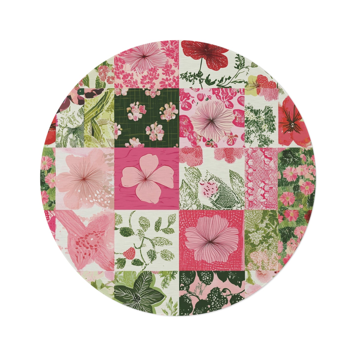 Botanical Patchwork Round Area Rug, Funky, Colorful Cool Unique Area Rugs, Unique 60" Round Rug, Custom Print Available