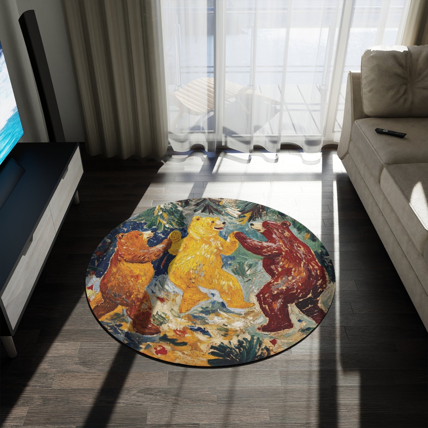 Round Dancing Bears Area Rug, Funky, Colorful & Unique Area Rugs, Unique 60" Round Rug, Woodland Animal Forest Rug, Woodland Nursery Rug