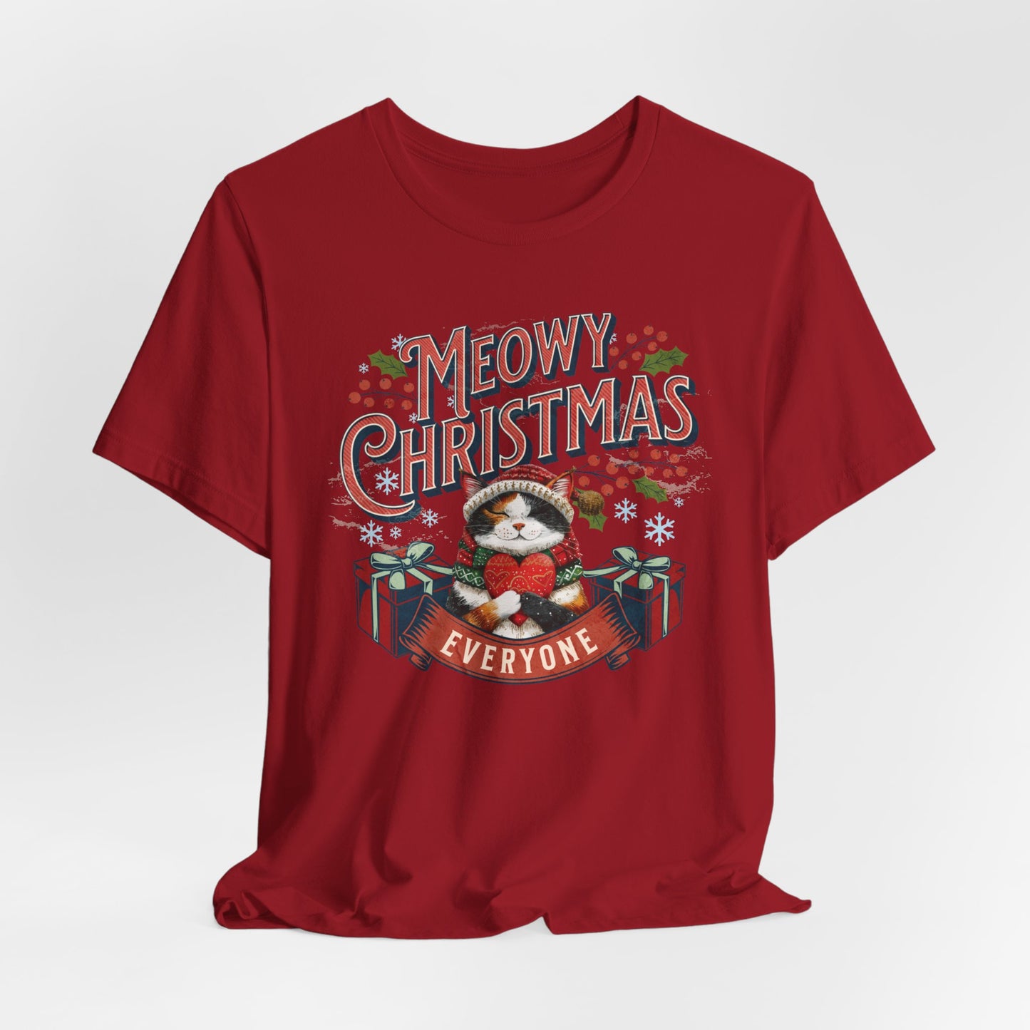 Meowy Christmas Cat Unisex Jersey Short Sleeve Tee, Cat Themed Gifts, Funny Cat Shirt, Calico Cat T-Shirt, Cat Mom Tee, Calico Cat Gifts