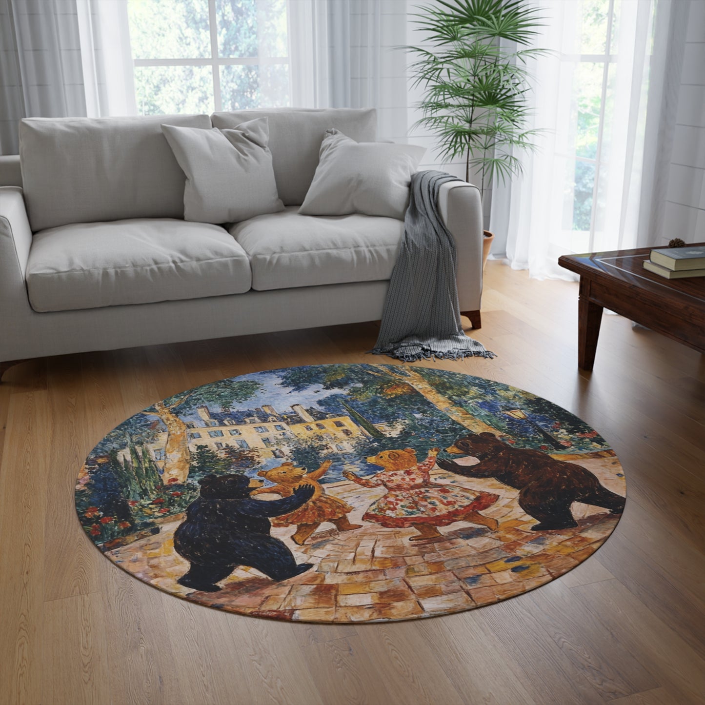 Round Dancing Bears Area Rug, Funky, Colorful & Unique Area Rugs, Unique 60" Round Rug, Woodland Animal Forest Rug, Woodland Nursery Rug