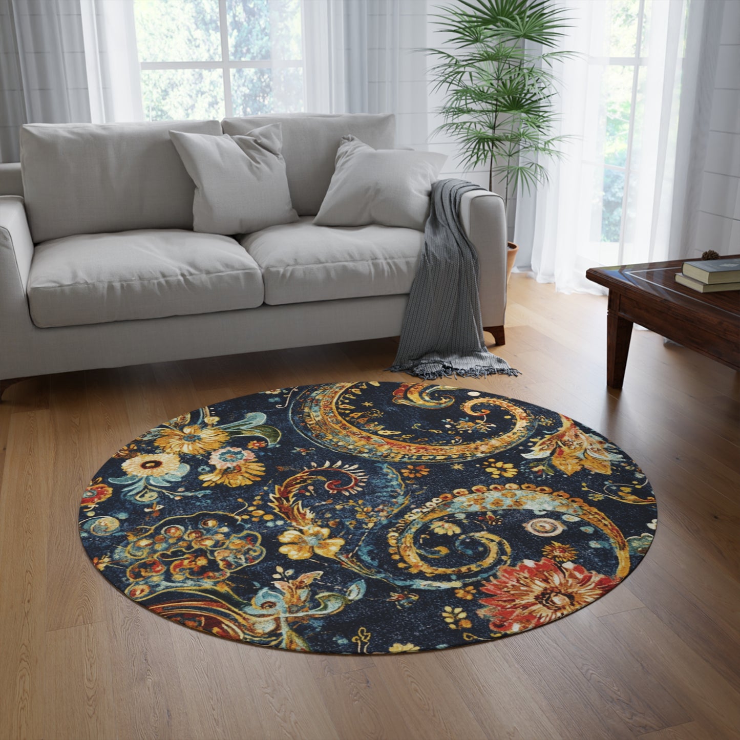 Retro Gustav Klimt Inspired Round Paisley Area Rug, Funky, Colorful & Unique Area Rugs, Unique 60" Round Rug, Woodland Forest Rug