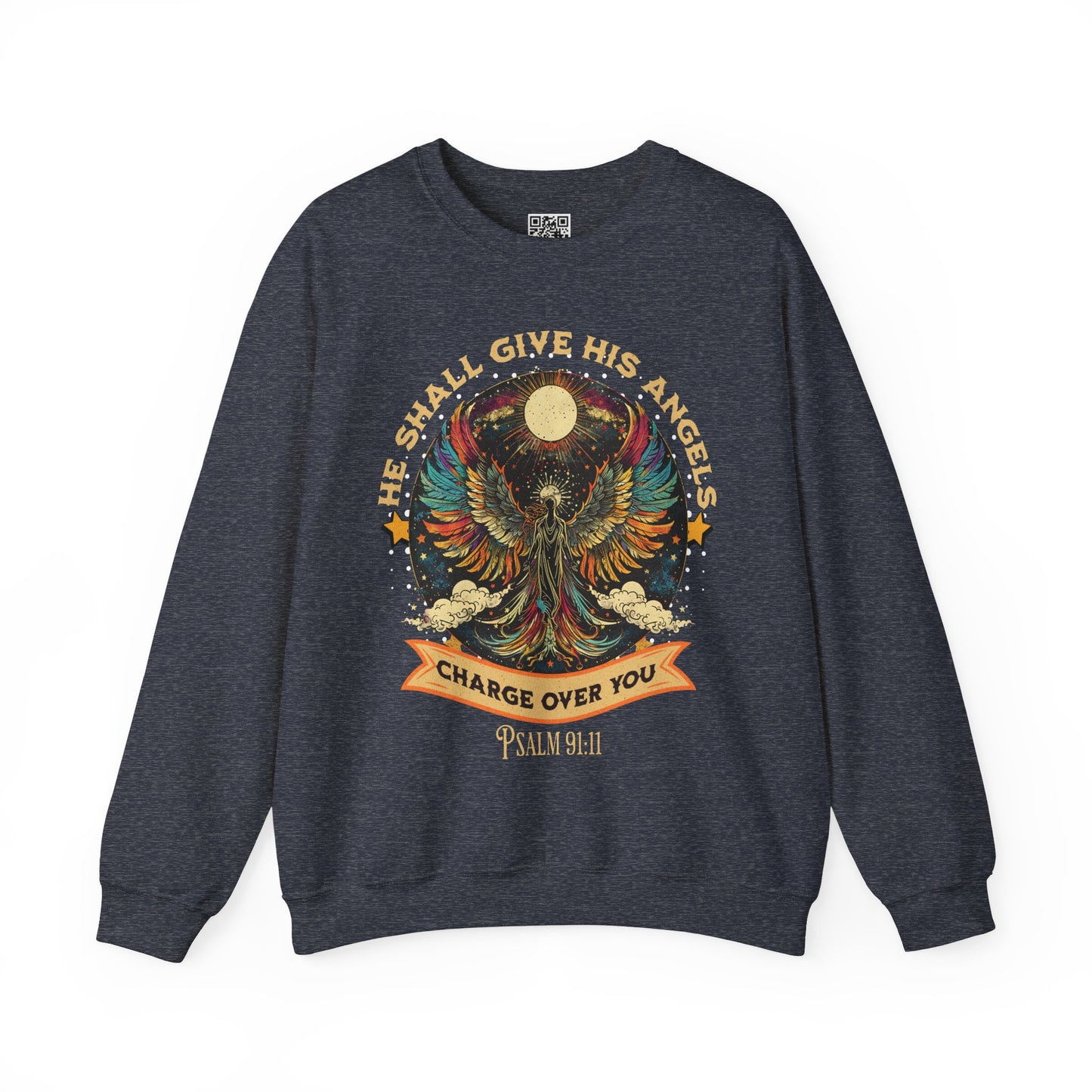 He Shall Give His Angels Charge Over You Unisex Heavy Blend Crewneck Sweatshirt, Christian Merch, Christian Streetwear, Ministry Shirt, Faith Based Shirt, Jesus Apparel