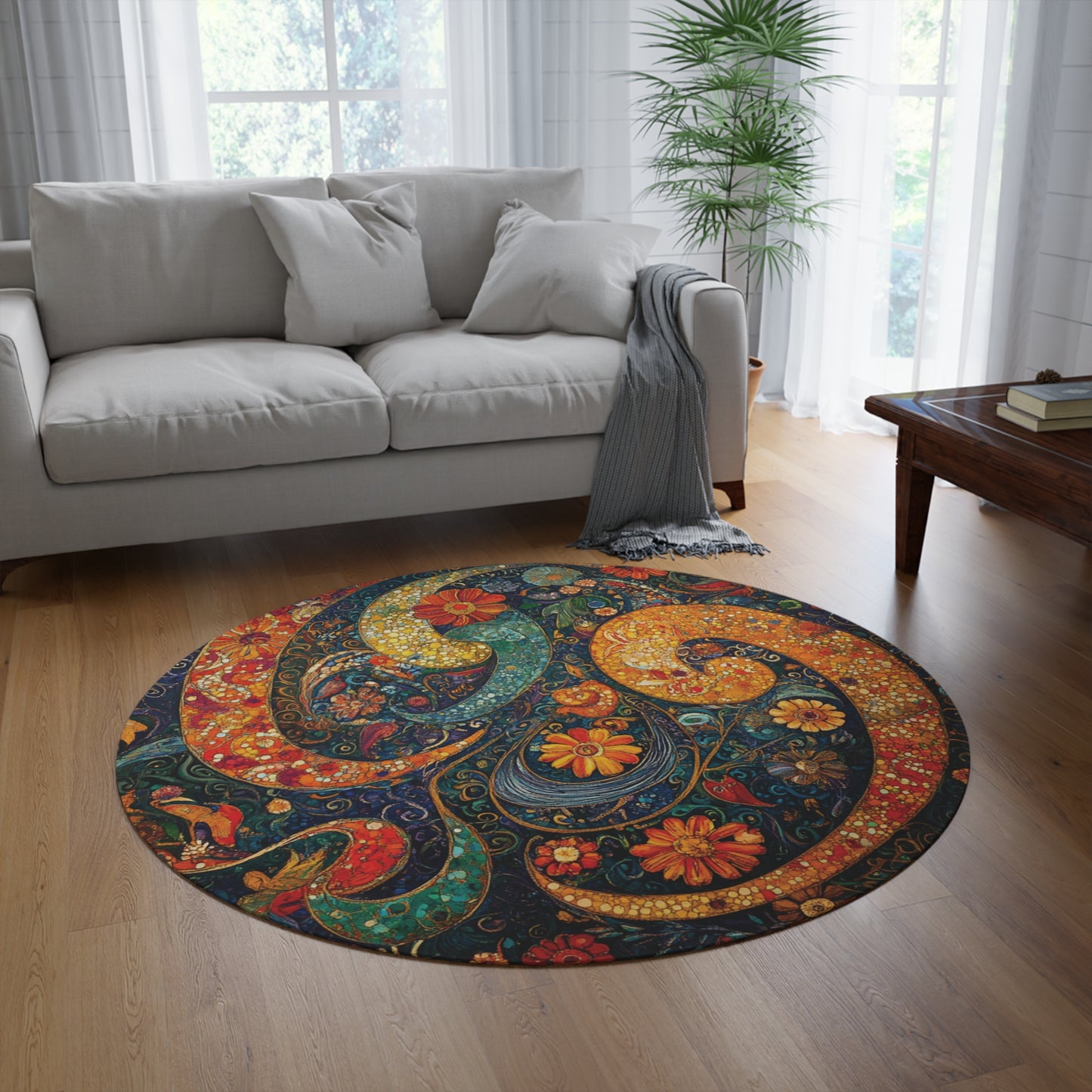 Retro Gustav Klimt Inspired Round Paisley Area Rug, Funky, Colorful & Unique Area Rugs, Unique 60" Round Rug, Woodland Forest Rug