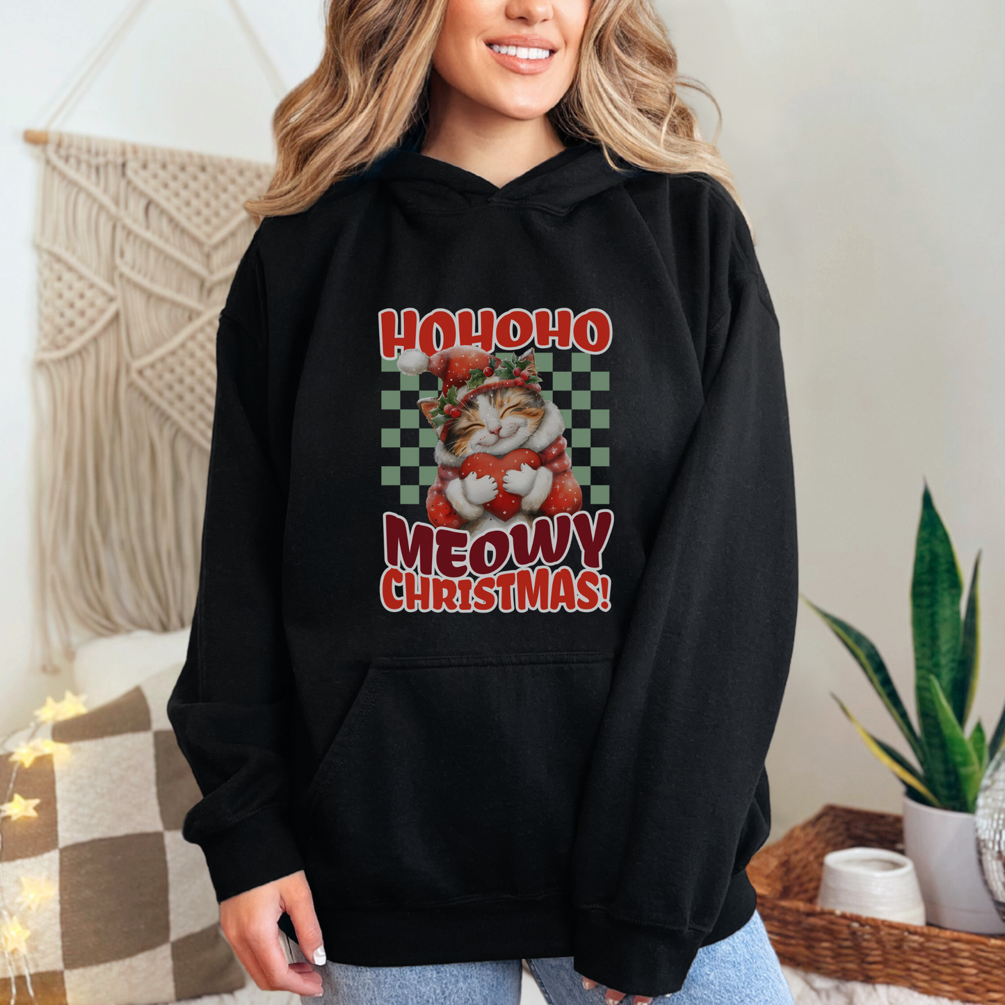 Meowy Christmas Cat Hoodie, Unisex Heavy Blend, Cat Themed Gifts, Funny Cat Shirt, Calico Cat Sweater, Cat Mom Sweatshirt