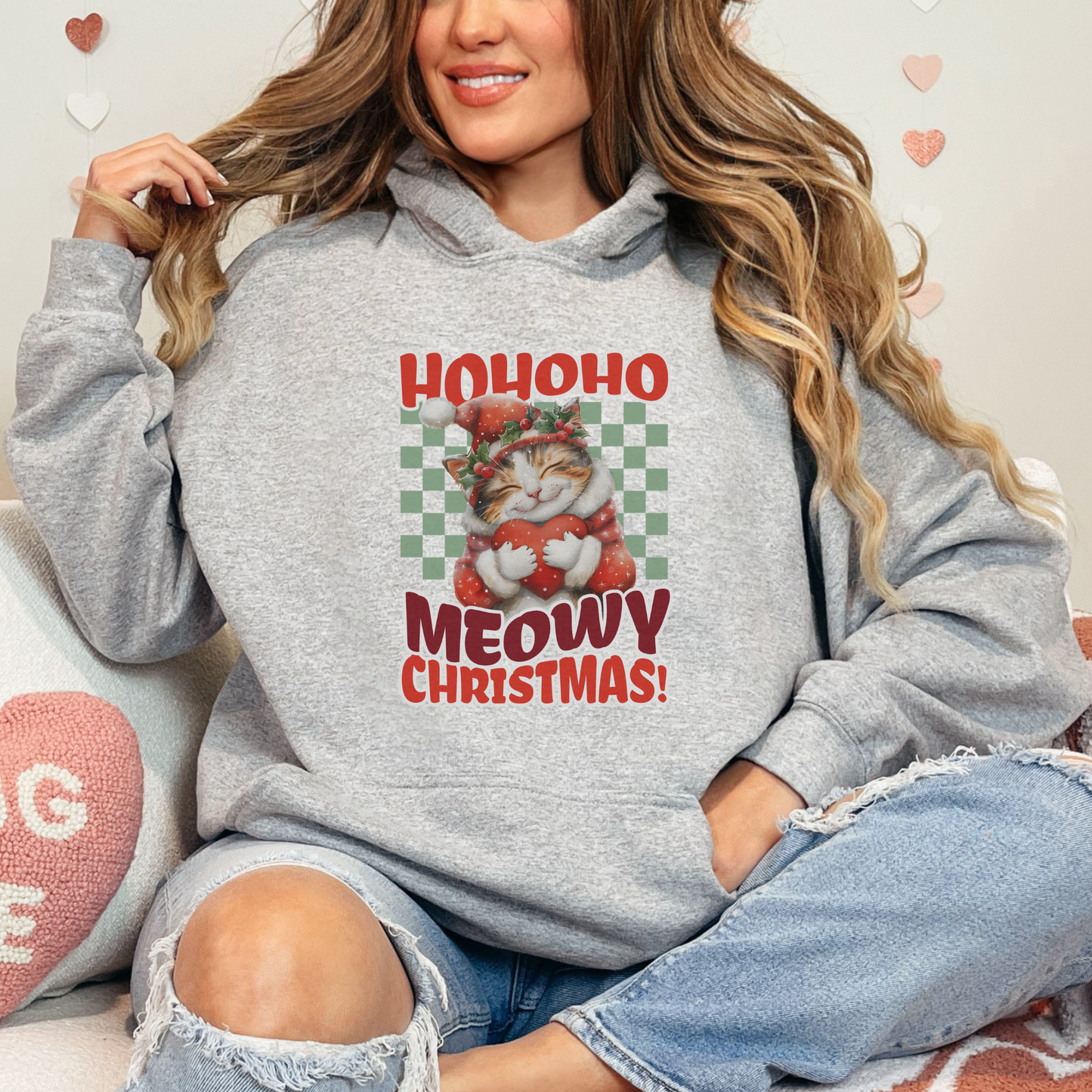 Meowy Christmas Cat Hoodie, Unisex Heavy Blend, Cat Themed Gifts, Funny Cat Shirt, Calico Cat Sweater, Cat Mom Sweatshirt