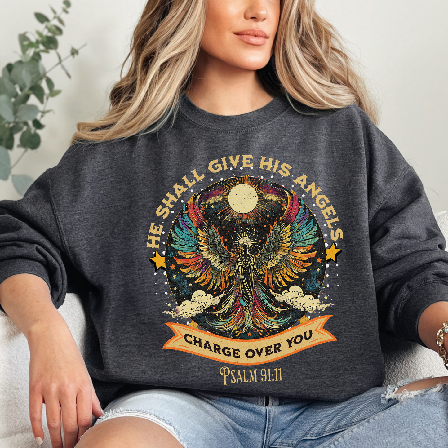 He Shall Give His Angels Charge Over You Unisex Heavy Blend Crewneck Sweatshirt, Christian Merch, Christian Streetwear, Ministry Shirt, Faith Based Shirt, Jesus Apparel