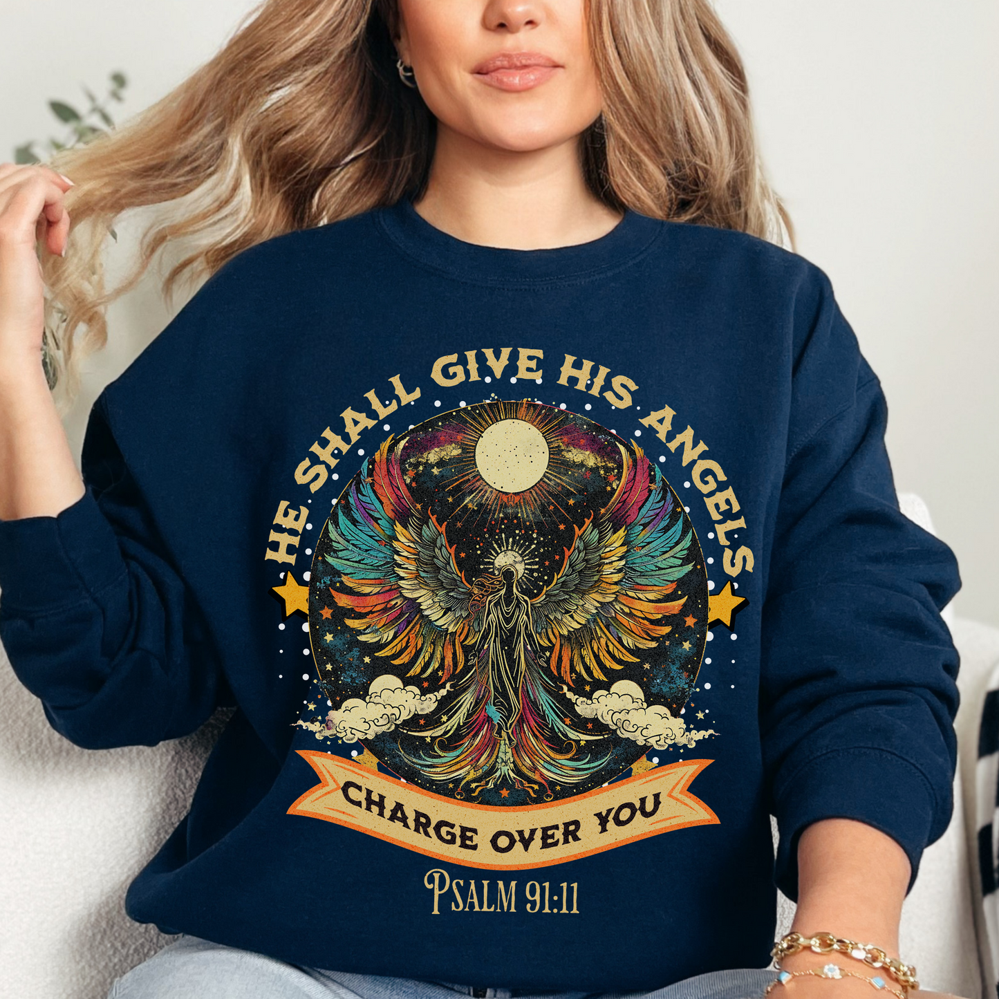 He Shall Give His Angels Charge Over You Unisex Heavy Blend Crewneck Sweatshirt, Christian Merch, Christian Streetwear, Ministry Shirt, Faith Based Shirt, Jesus Apparel