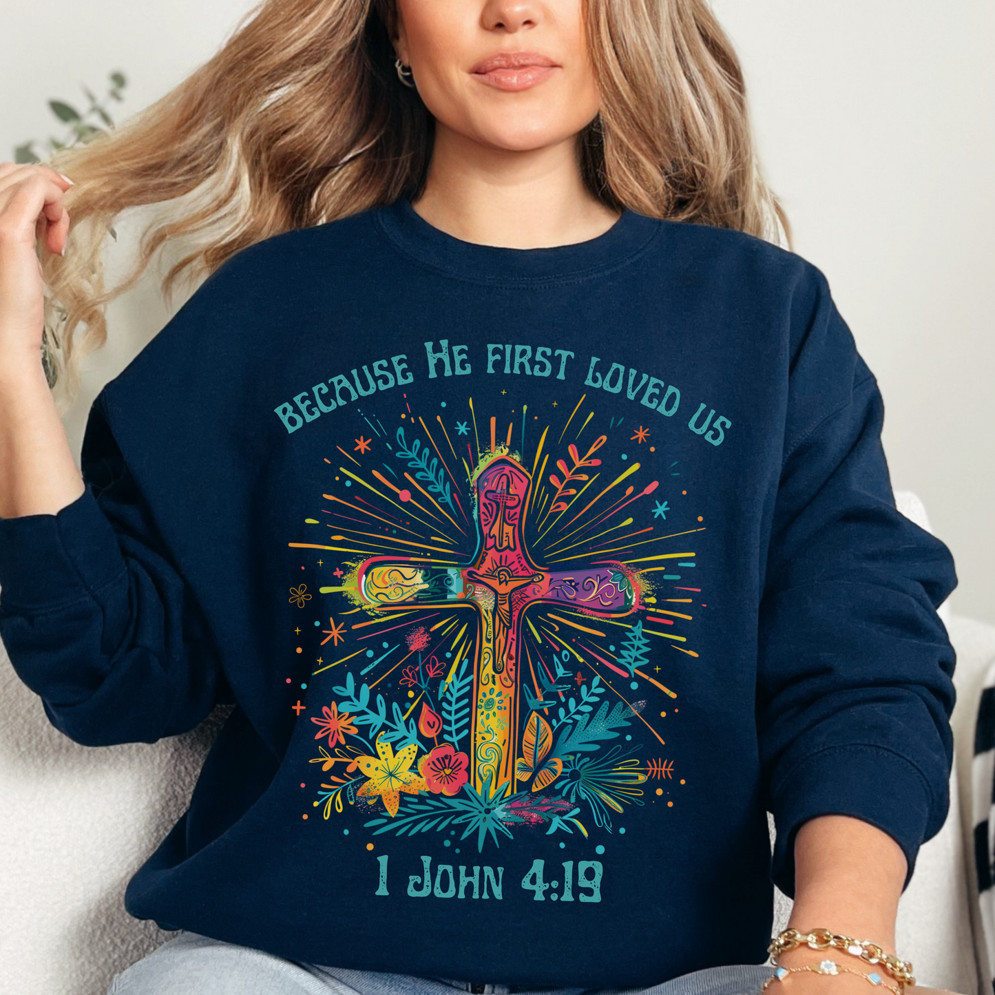 Because He First Loved Us Sweatshirt, Unisex Heavy Blend™ Crewneck, Christian Apparel, Biblical Clothing, Inspirational Apparel, Jesus Shirt