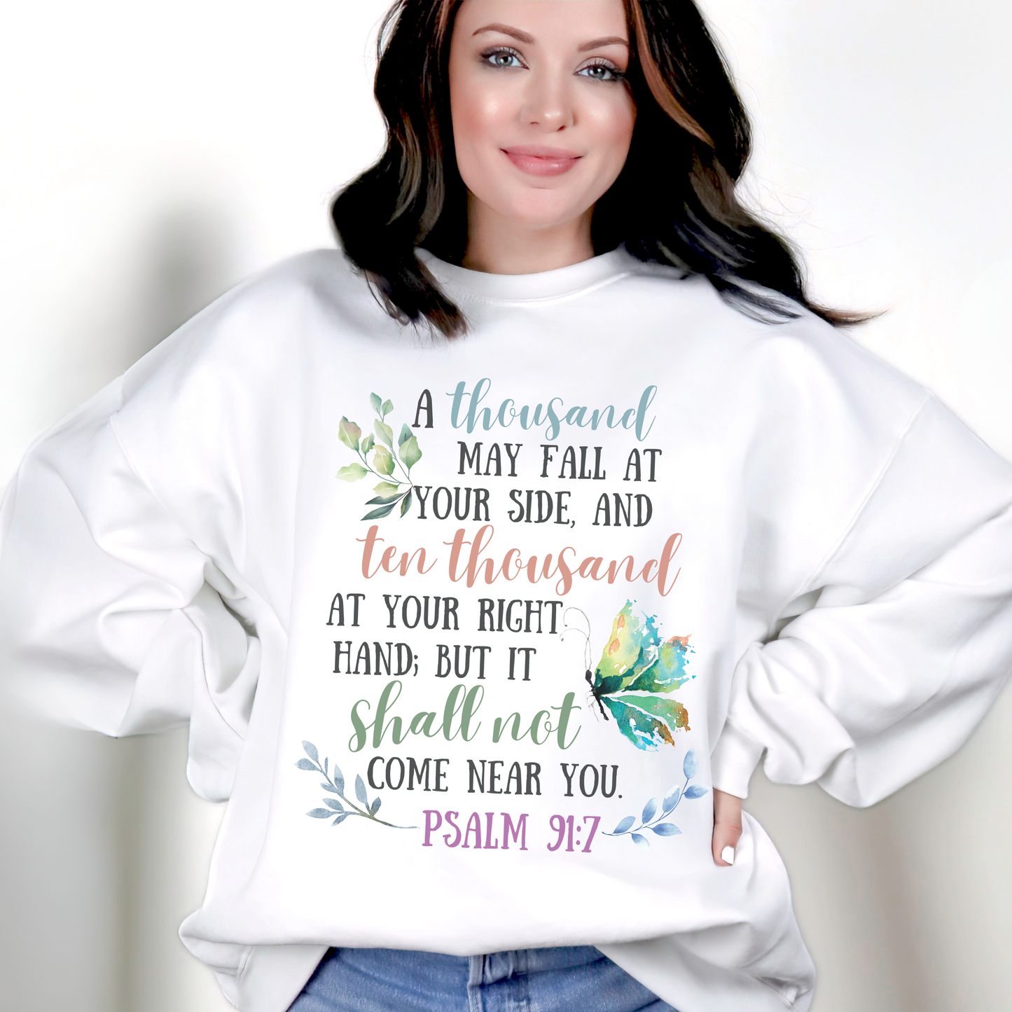 Psalm 91:7 Sweatshirt - Unisex Heavy Blend™ Crewneck Sweatshirt, Jesus Lovers, Christian Gifts, Faith Apparel, Christian Merch, Jesus Apparel