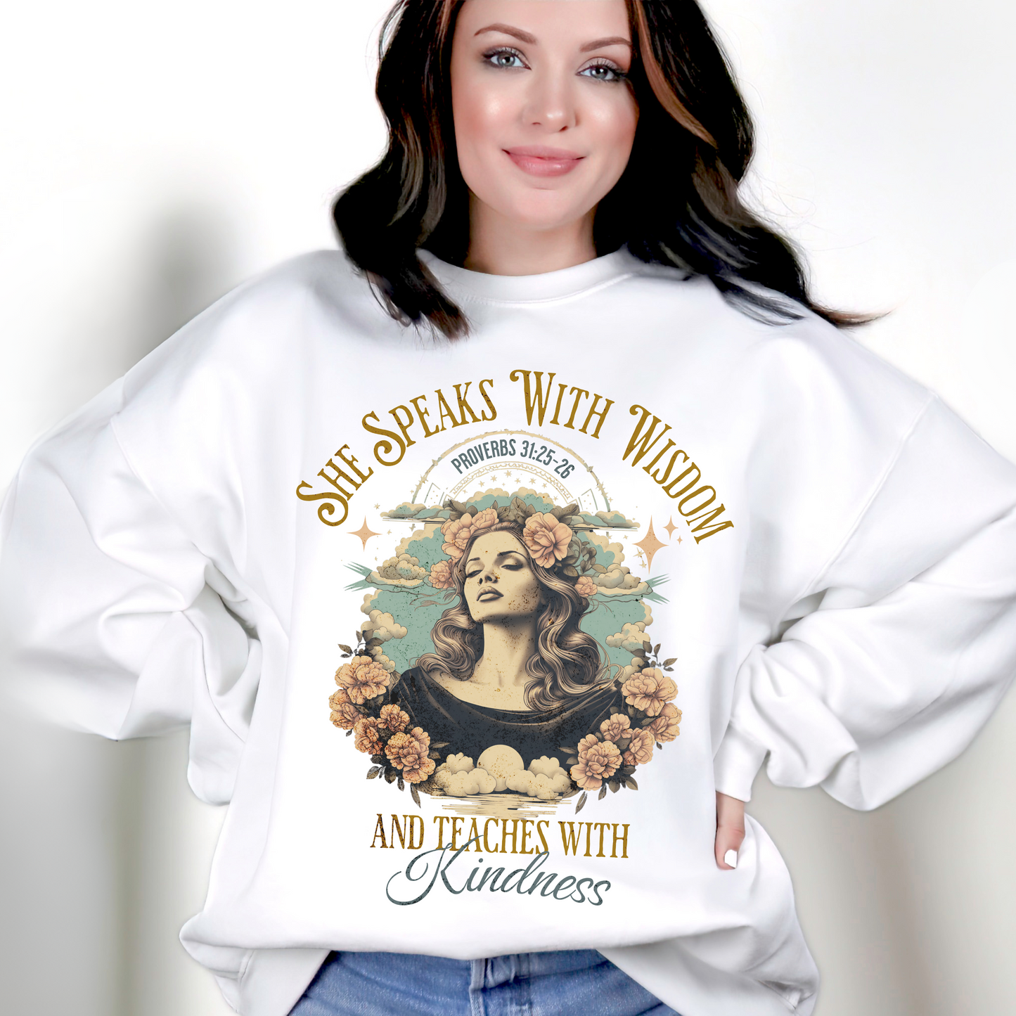 She Speaks with Wisdom Sweatshirt, Unisex Heavy Blend Crewneck, Jesus is the Reason, Jesus is King, Christian Merch, Glory to God