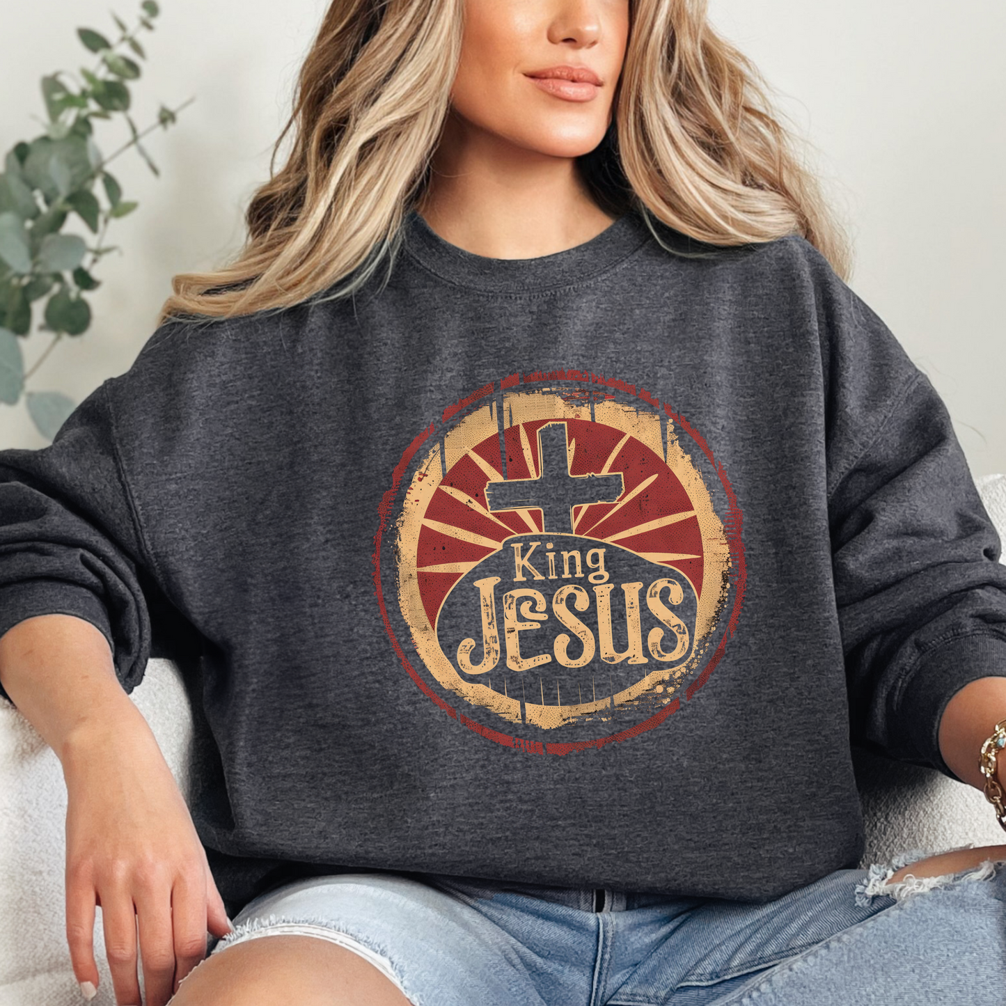 King Jesus Unisex Heavy Blend Crewneck Sweatshirt, Christian Merch, Christian Streetwear, Ministry Shirt, Faith Based Shirt, Praise Sweater