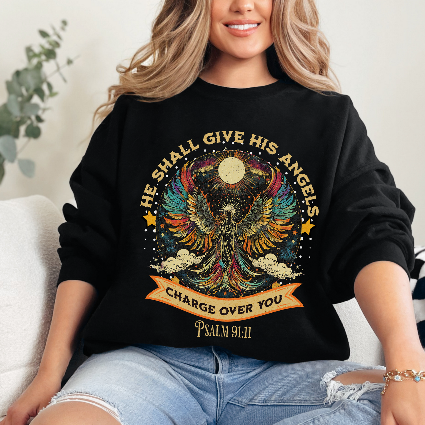 He Shall Give His Angels Charge Over You Unisex Heavy Blend Crewneck Sweatshirt, Christian Merch, Christian Streetwear, Ministry Shirt, Faith Based Shirt, Jesus Apparel