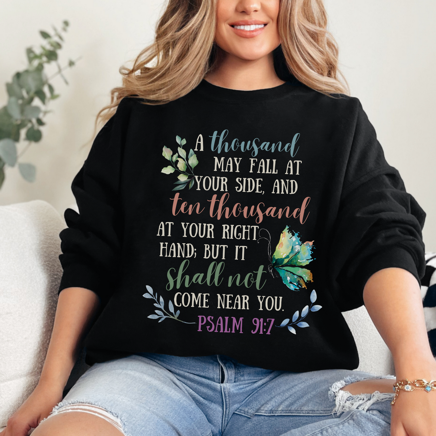 Psalm 91:7 Sweatshirt - Unisex Heavy Blend™ Crewneck Sweatshirt, Jesus Lovers, Christian Gifts, Faith Apparel, Christian Merch, Jesus Apparel