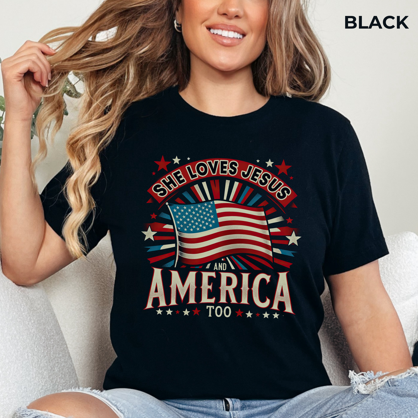 She Loves Jesus and America Too T-Shirt - Unisex Jersey Short Sleeve Tee, Christian Merch, Christian Streetwear, Faith Based Shirt, Jesus Apparel