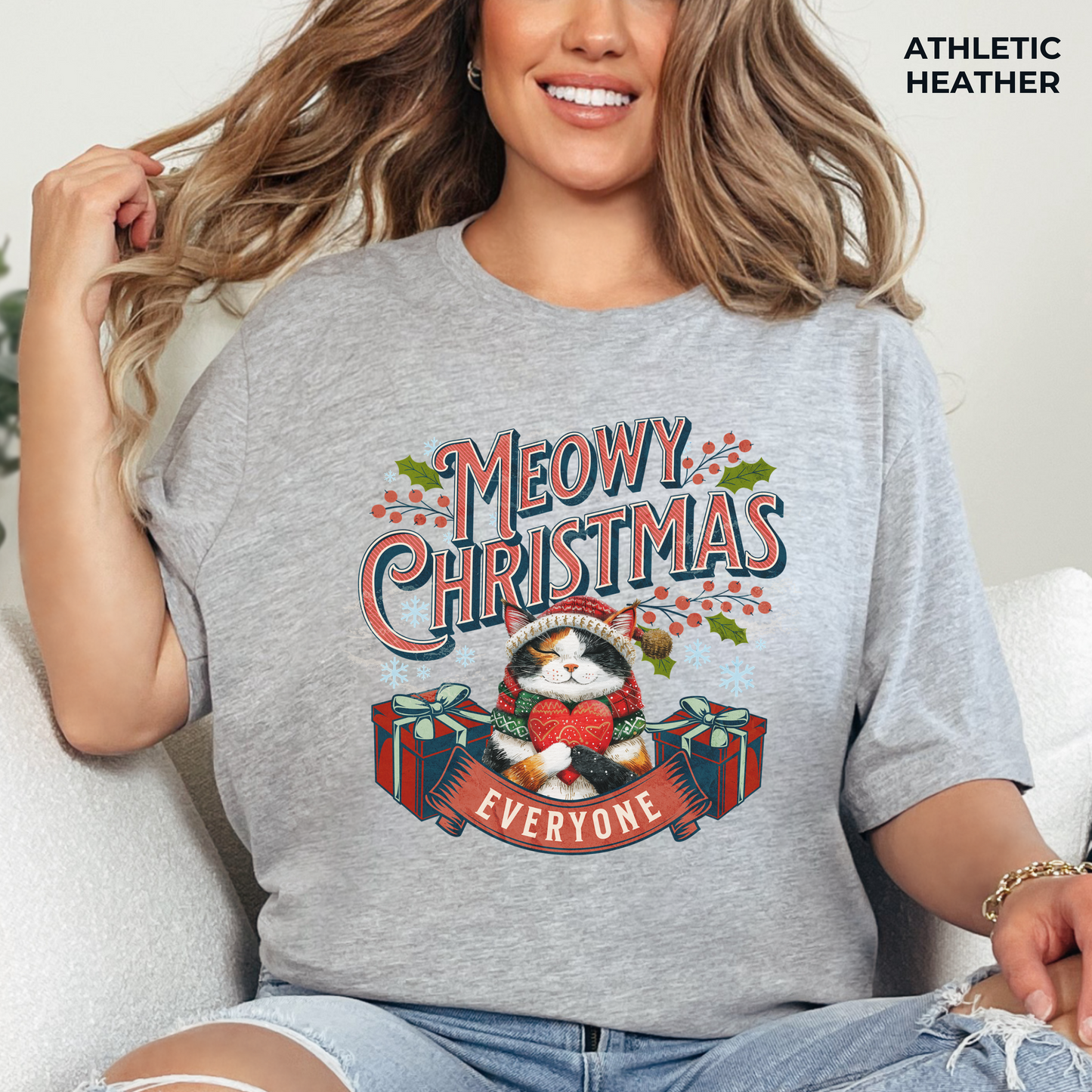 Meowy Christmas Cat Unisex Jersey Short Sleeve Tee, Cat Themed Gifts, Funny Cat Shirt, Calico Cat T-Shirt, Cat Mom Tee, Calico Cat Gifts