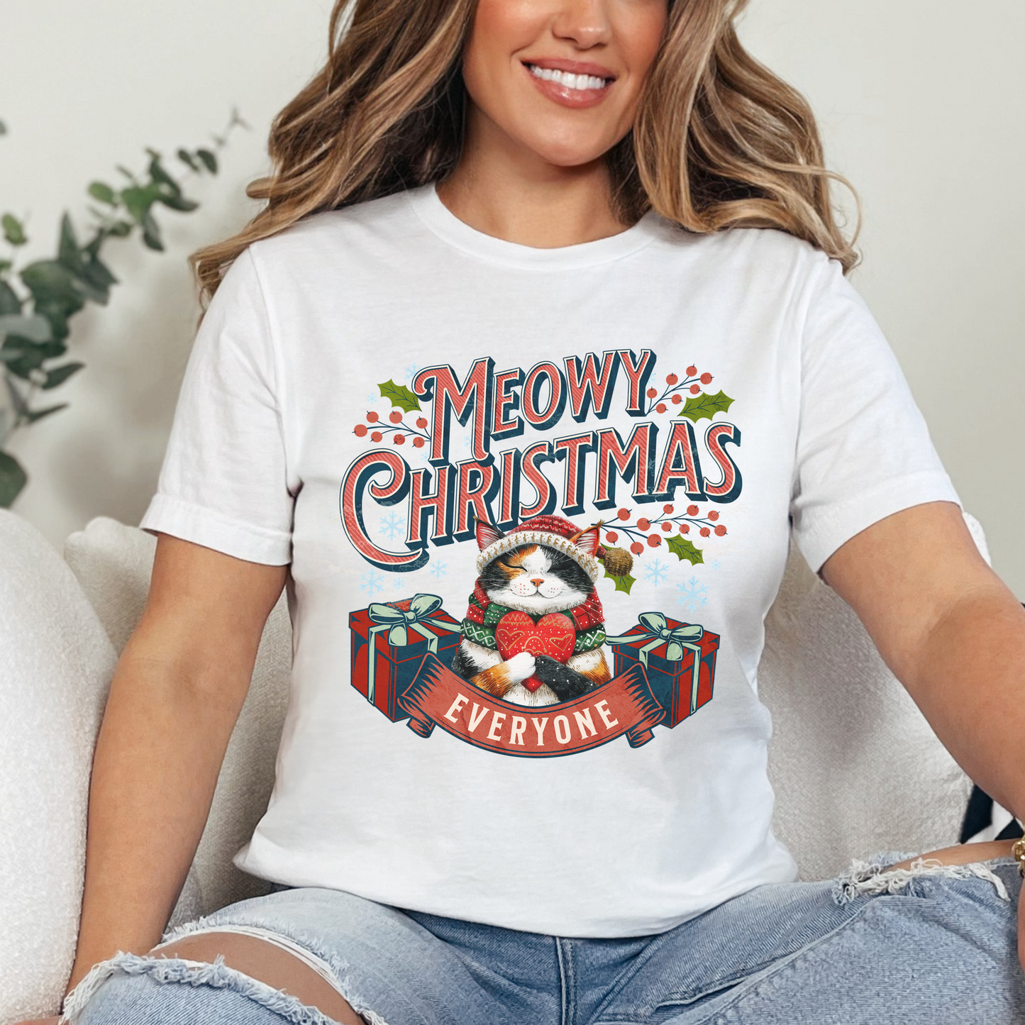 Meowy Christmas Cat Unisex Jersey Short Sleeve Tee, Cat Themed Gifts, Funny Cat Shirt, Calico Cat T-Shirt, Cat Mom Tee, Calico Cat Gifts