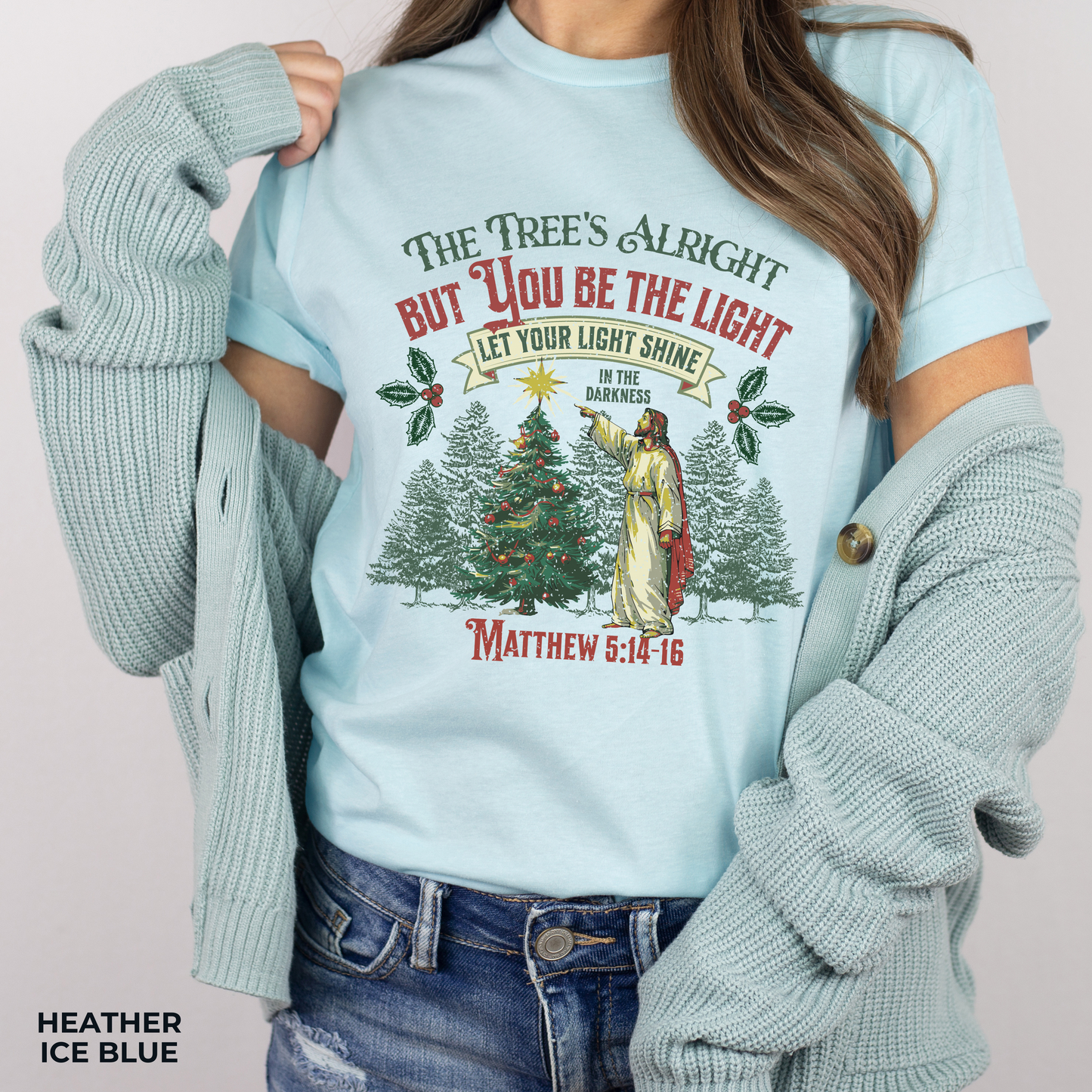 Be the Light Christmas T-Shirt - Unisex Jersey Short Sleeve Tee, Christian Merch, Christian Streetwear, Ministry Shirt, Faith Based Shirt, Praise Tee, Jesus Apparel