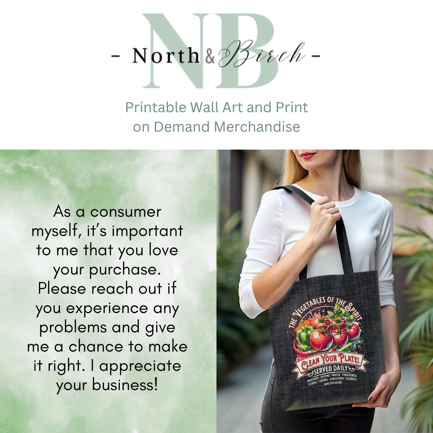Vegetables of the Spirit Tote Bag, Travel Bag, Bible Bag, Gift for Church Member, Book Bag, Getaway Bag, Vacation Bible School, Church Camp Bag