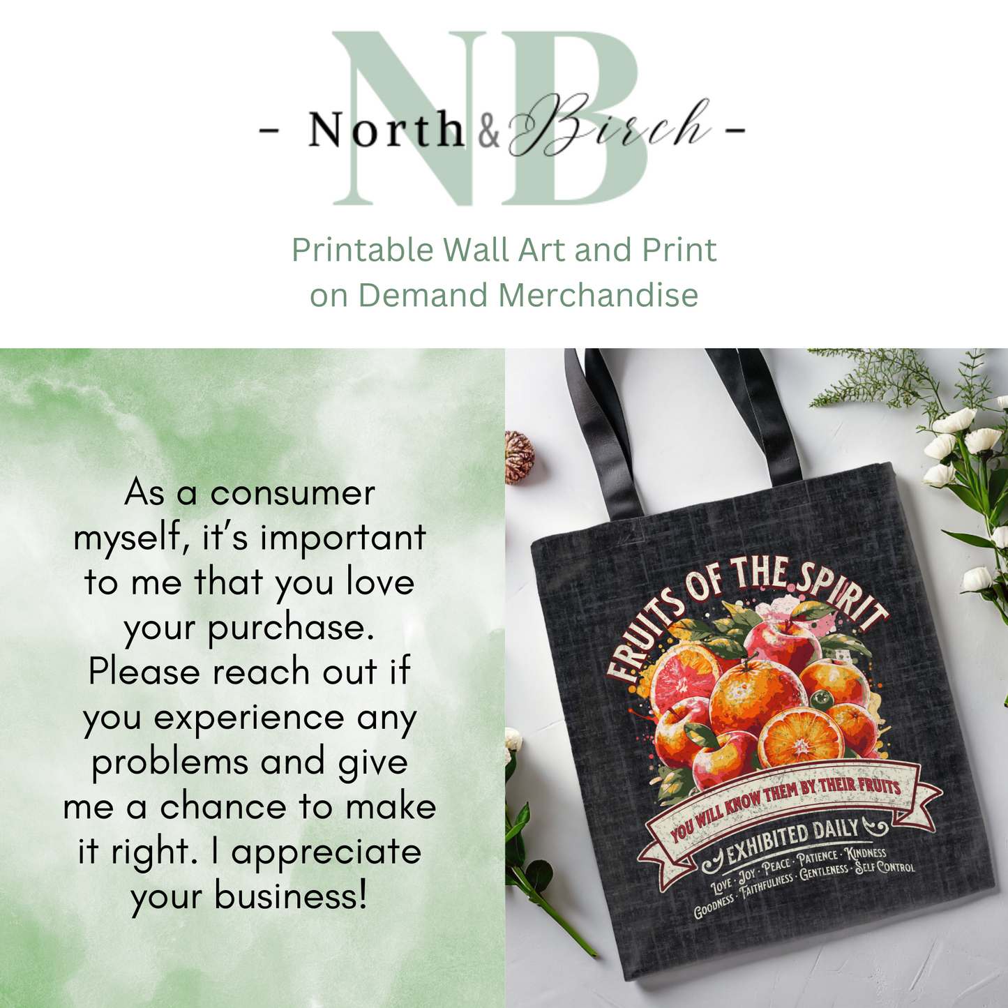 Fruits of the Spirit Tote Bag, Travel Bag, Bible Bag, Gift for Church Member, Book Bag, Getaway Bag, Vacation Bible School, Church Camp Bag