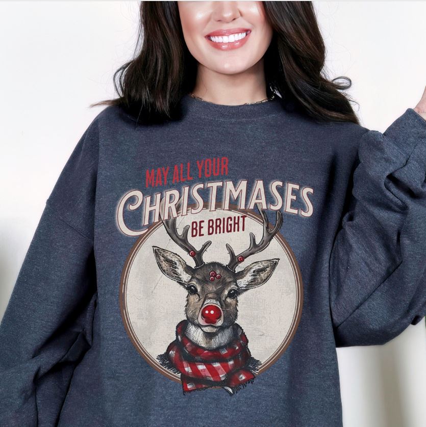 Reindeer Sweatshirt, Unisex Heavy Blend Crewneck, Rudolph Reindeer Red Nose, Christmas Reindeer Shirt, Merry and Bright, White Elephant Gift