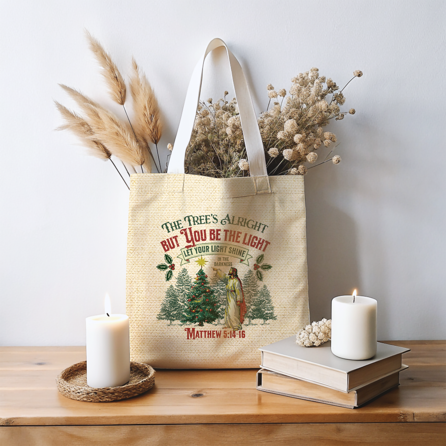 Be the Light Christmas Tote Bag, Travel Bag, Bible Bag, Gift for Church Member, Book Bag, Getaway Bag, Vacation Bible School, Church Camp Bag
