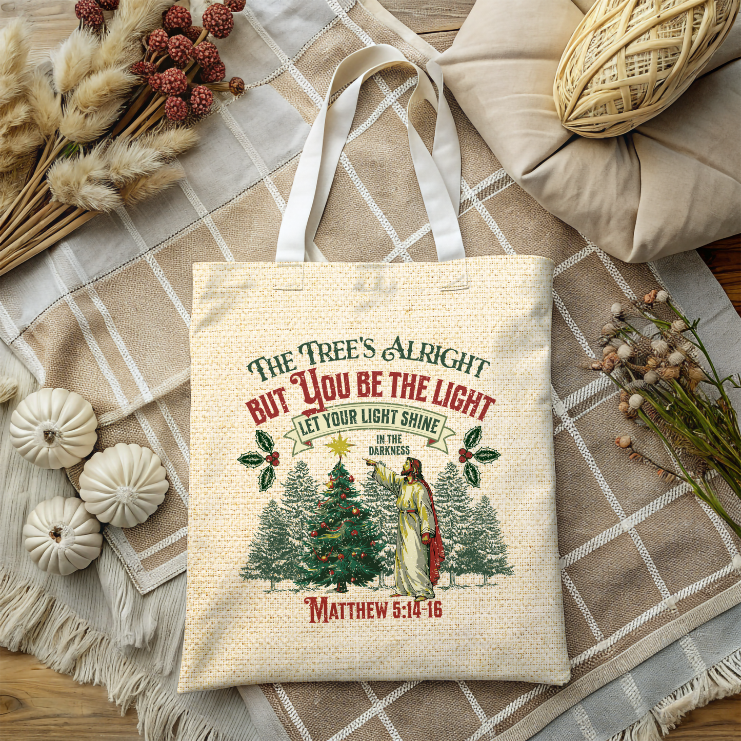 Be the Light Christmas Tote Bag, Travel Bag, Bible Bag, Gift for Church Member, Book Bag, Getaway Bag, Vacation Bible School, Church Camp Bag
